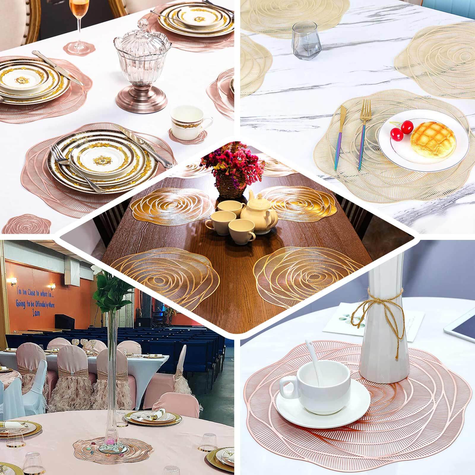 6-Pack Vinyl Dining Table Mats 15" Rose Flower Round Design Metallic Gold - Washable Non-Slip Surface - Image 5