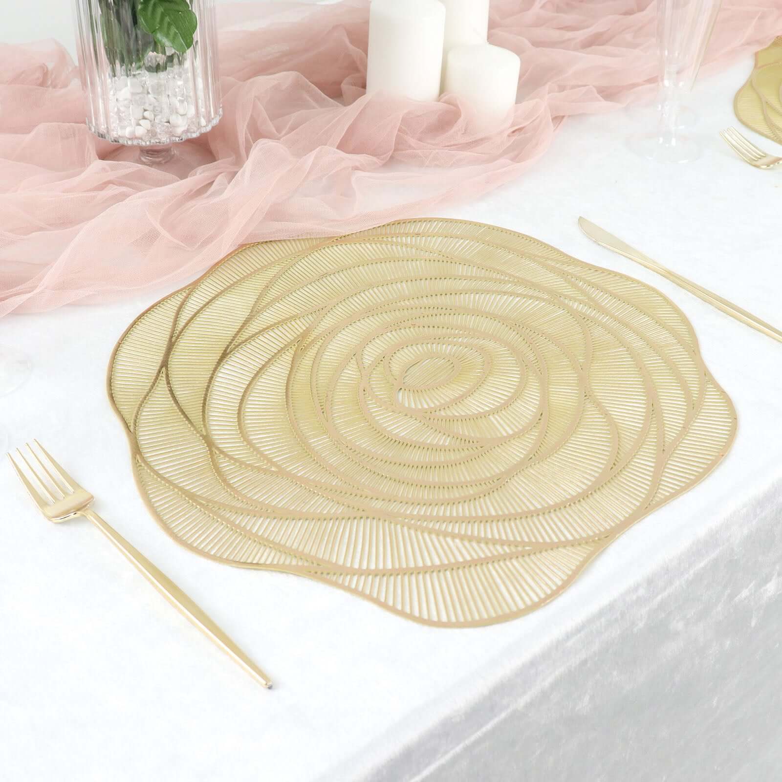 6-Pack Vinyl Dining Table Mats 15" Rose Flower Round Design Metallic Gold - Washable Non-Slip Surface - Image 6