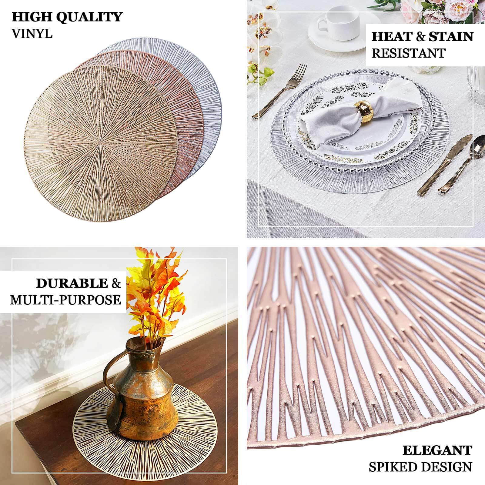 6-Pack Vinyl Dining Table Mats 15" Spiked Round Design Gold - Metallic Non-Slip and Decorative - Image 4