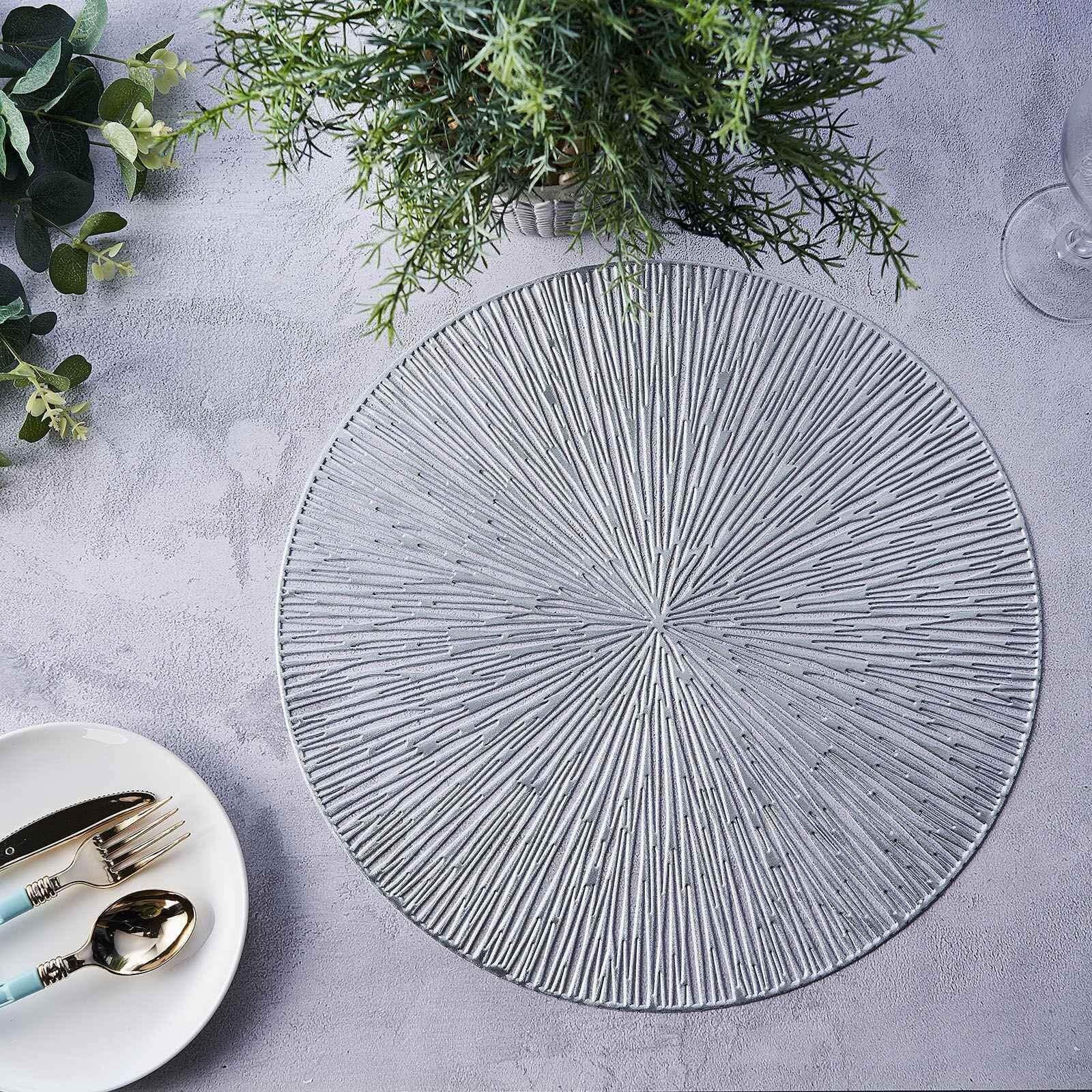 6-Pack Vinyl Dining Table Mats 15" Spiked Round Design Silver - Metallic Non-Slip