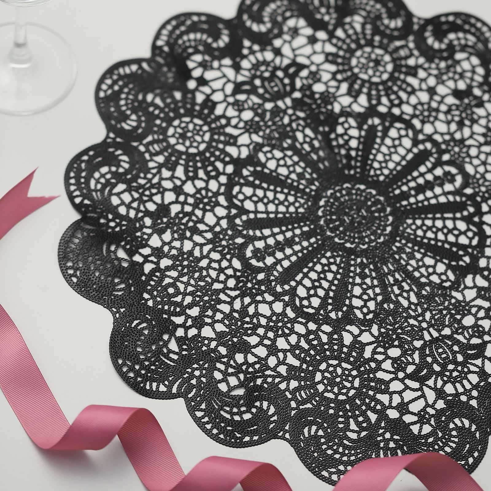6-Pack Vinyl Dining Table Mats 15" Vintage Floral Lace Design Black - Non-Slip Placemats - Image 2