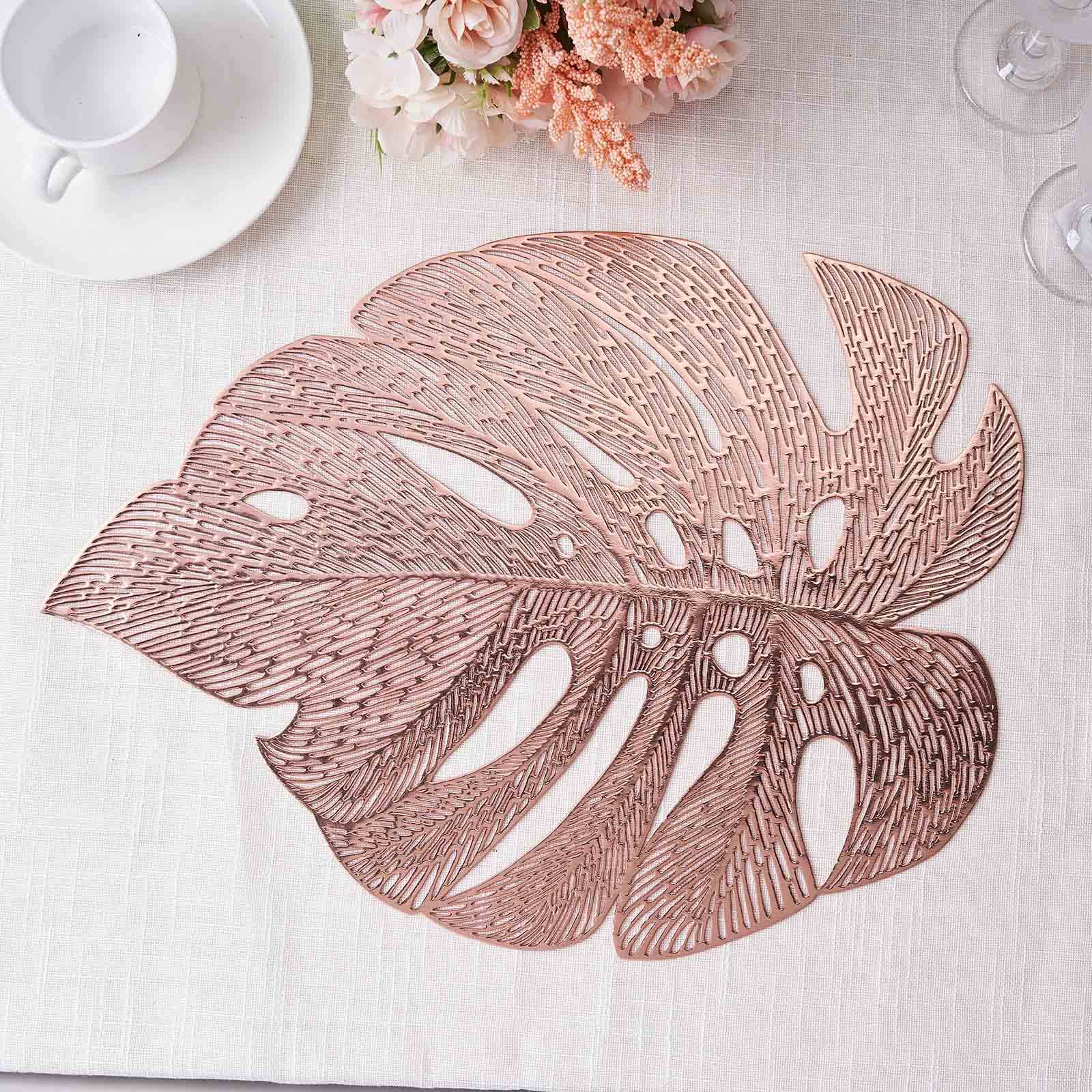 6-Pack Vinyl Dining Table Mats 18" Monstera Leaf Design Rose Gold - Non-Slip Placemats