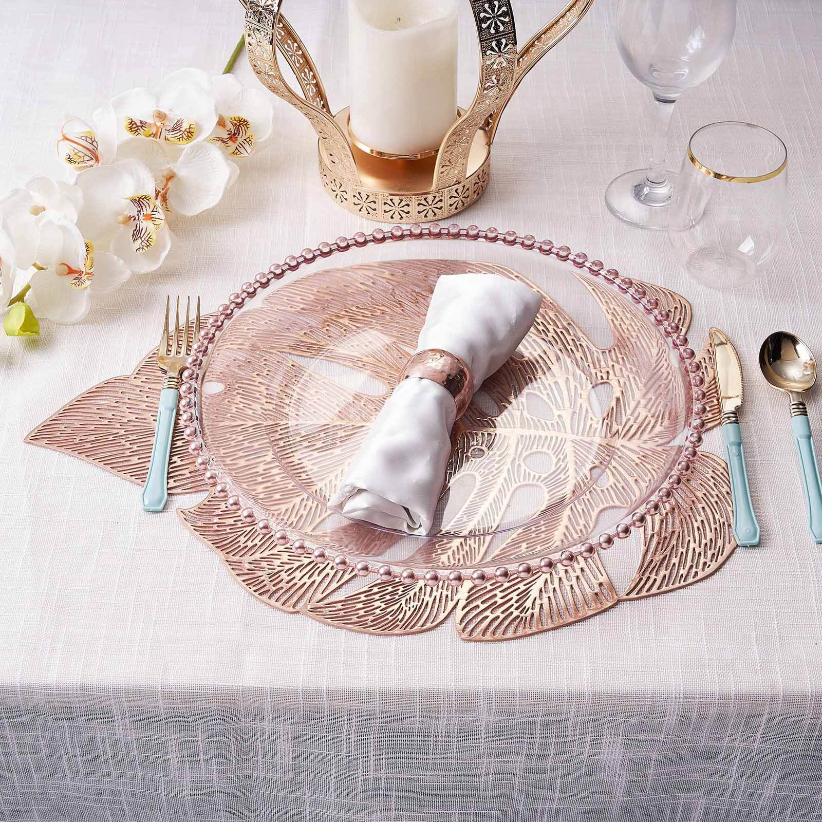 6-Pack Vinyl Dining Table Mats 18" Monstera Leaf Design Rose Gold - Non-Slip Placemats - Image 12