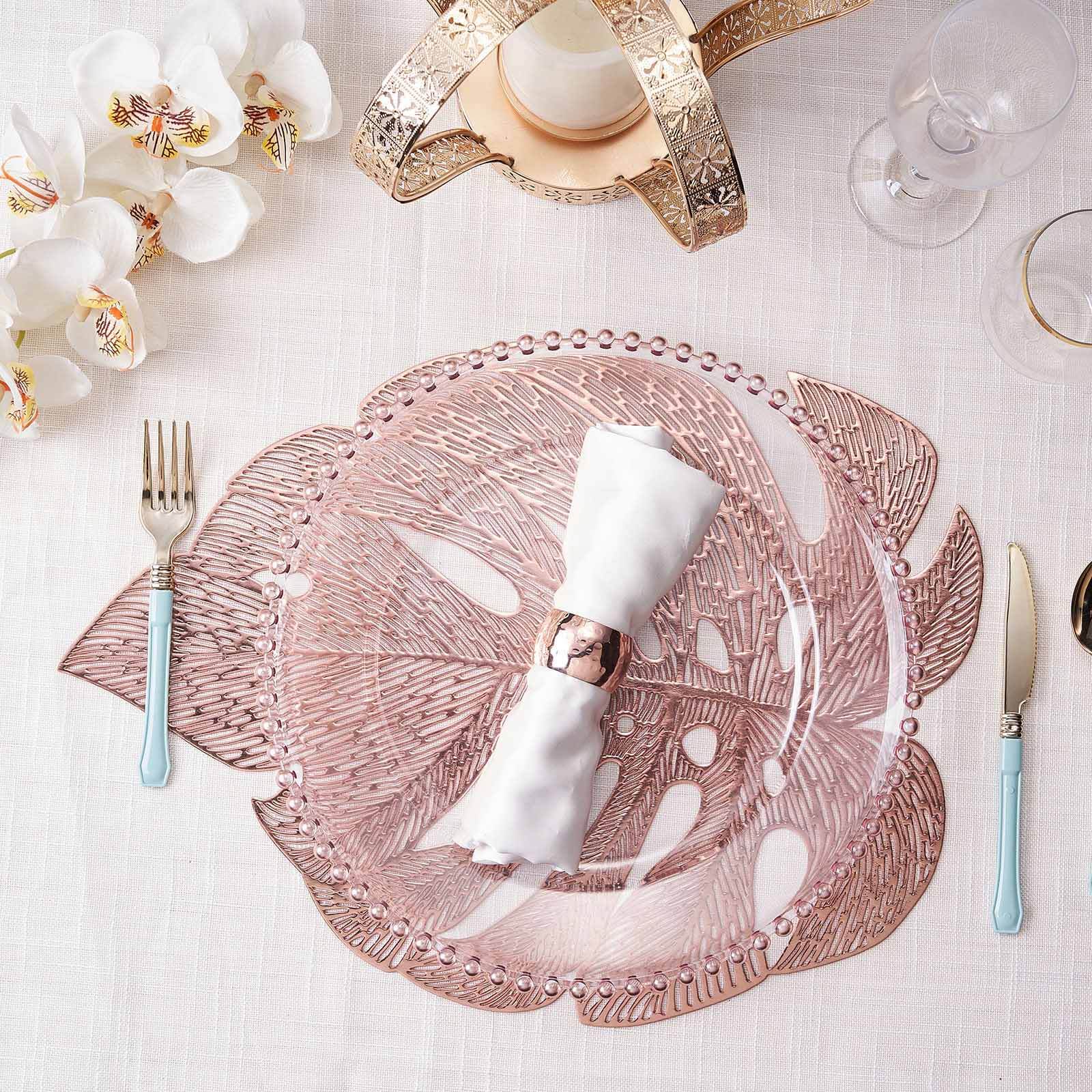 6-Pack Vinyl Dining Table Mats 18" Monstera Leaf Design Rose Gold - Non-Slip Placemats - Image 14