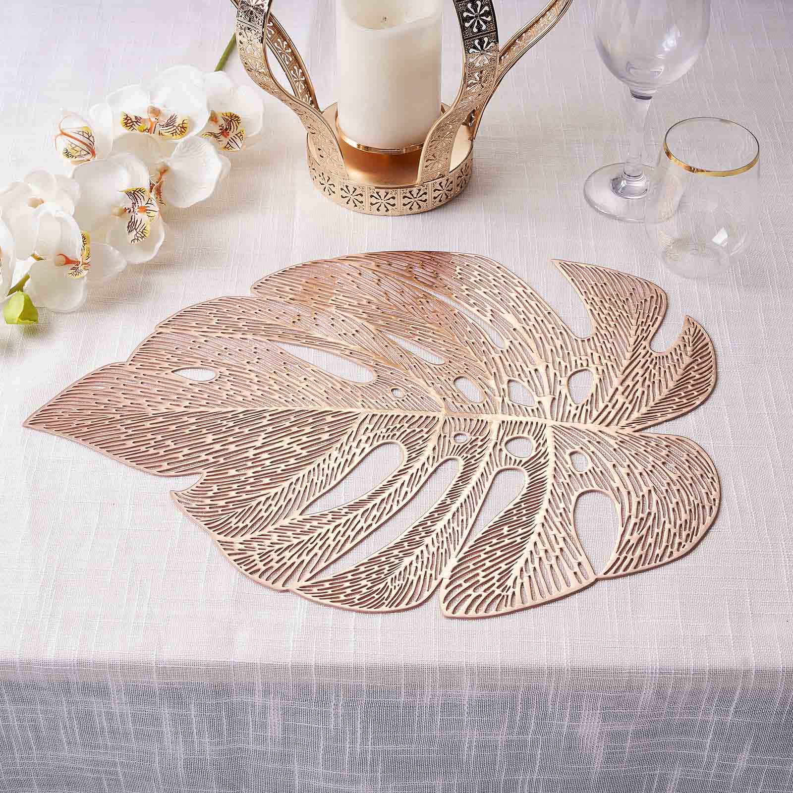 6-Pack Vinyl Dining Table Mats 18" Monstera Leaf Design Rose Gold - Non-Slip Placemats - Image 6