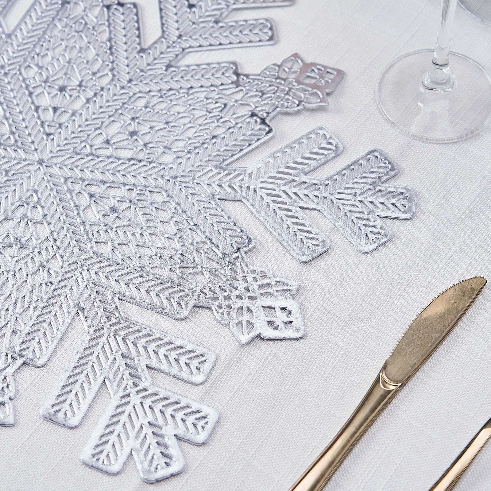 6-Pack Vinyl Dining Table Mats 18" Snowflake Design Silver - Metallic Non-Slip Surface for Holiday Themes - Image 2