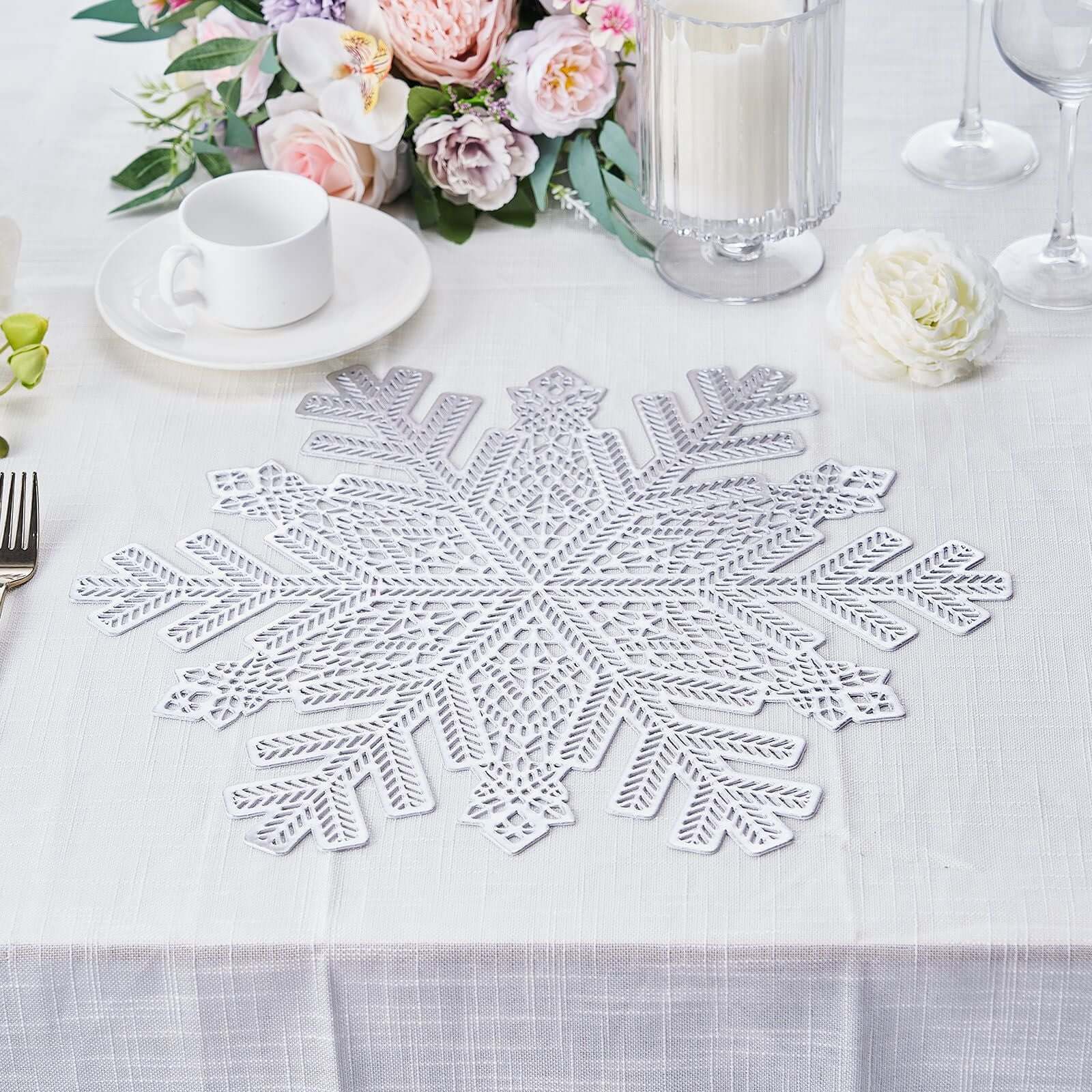 6-Pack Vinyl Dining Table Mats 18" Snowflake Design Silver - Metallic Non-Slip Surface for Holiday Themes - Image 6