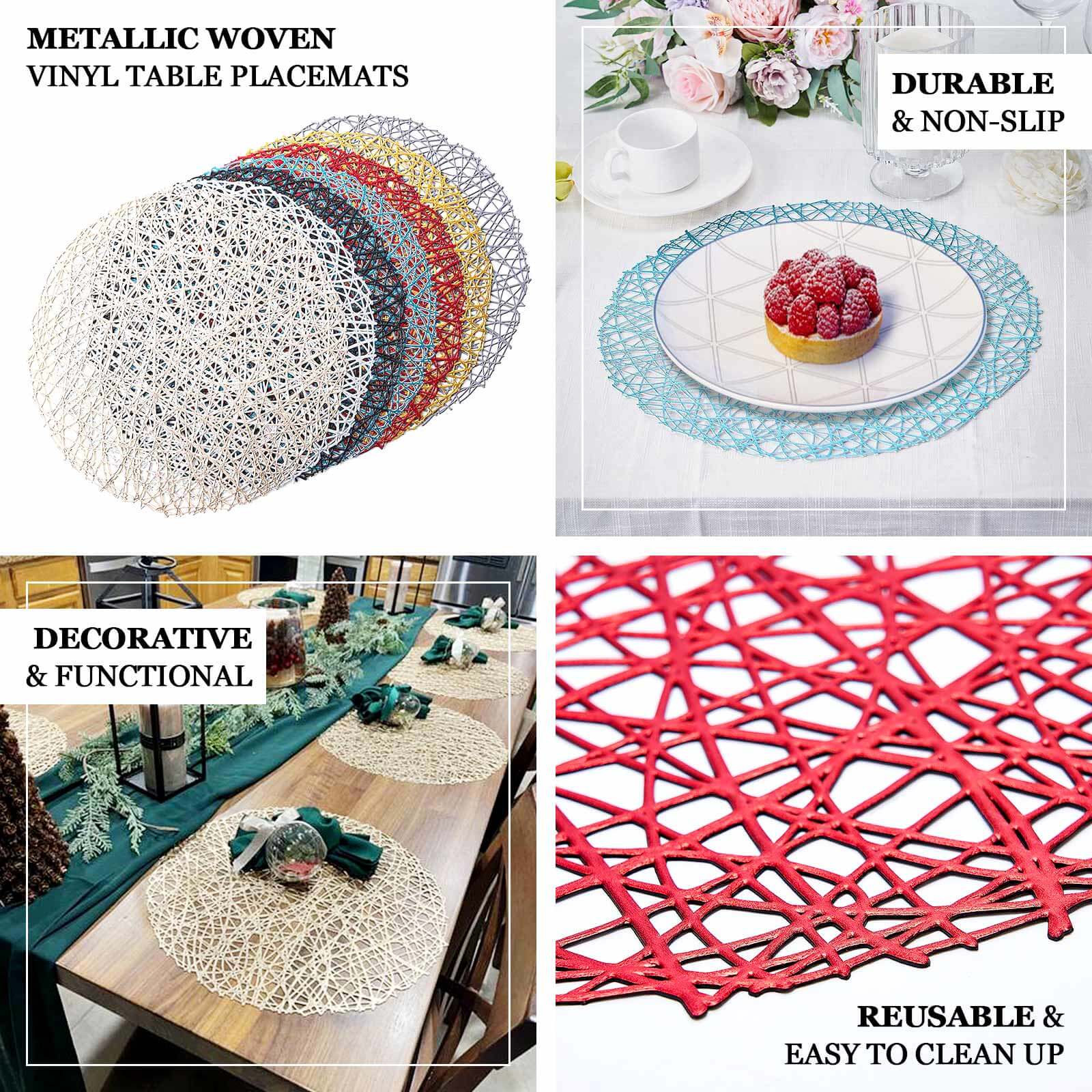 6-Pack Vinyl Placemats 15" Black Woven Design - Decorative Non-Slip Round Table Mats - Image 4