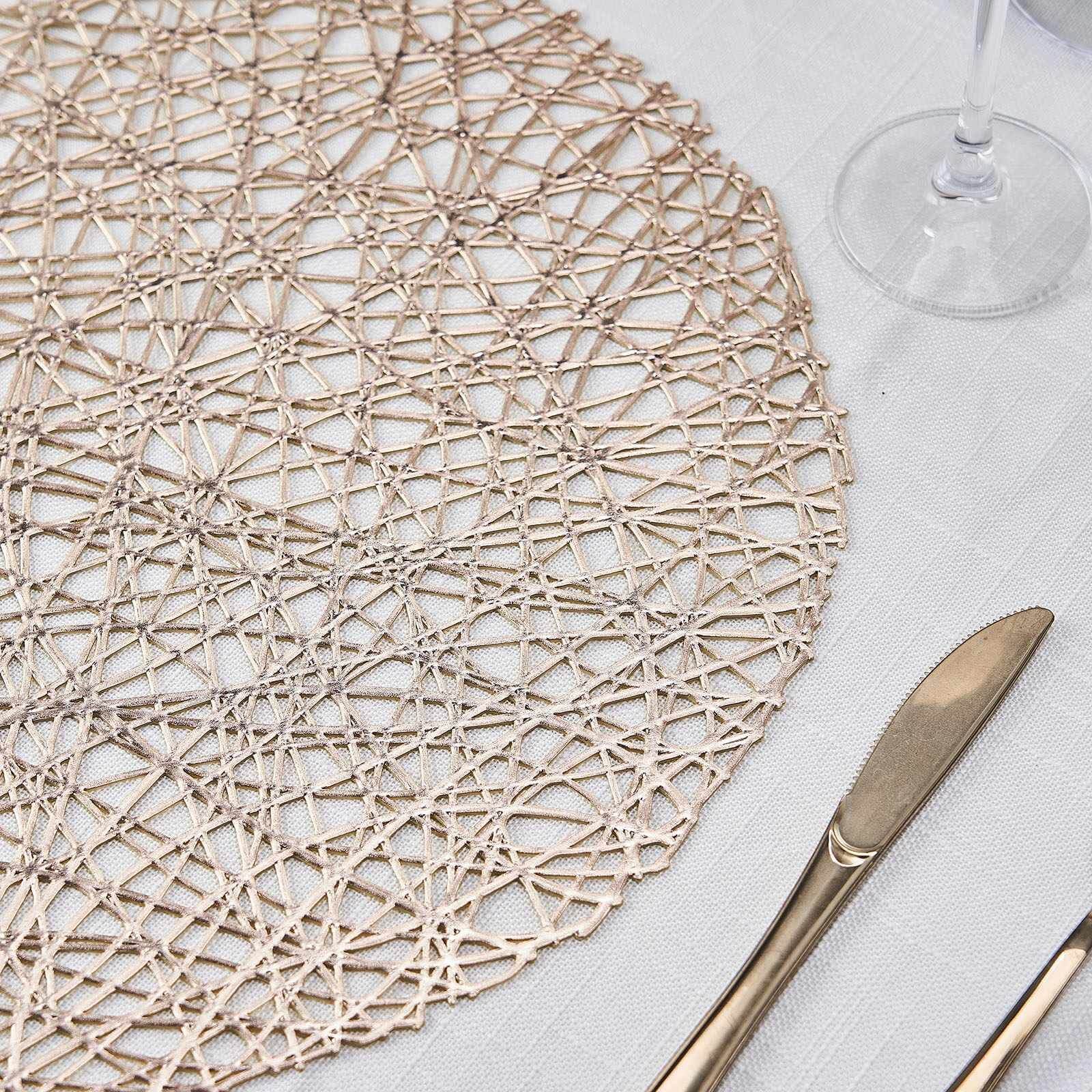 6-Pack Vinyl Placemats 15" Champagne Metallic Woven Design - Decorative Non-Slip Round Table Mats - Image 2