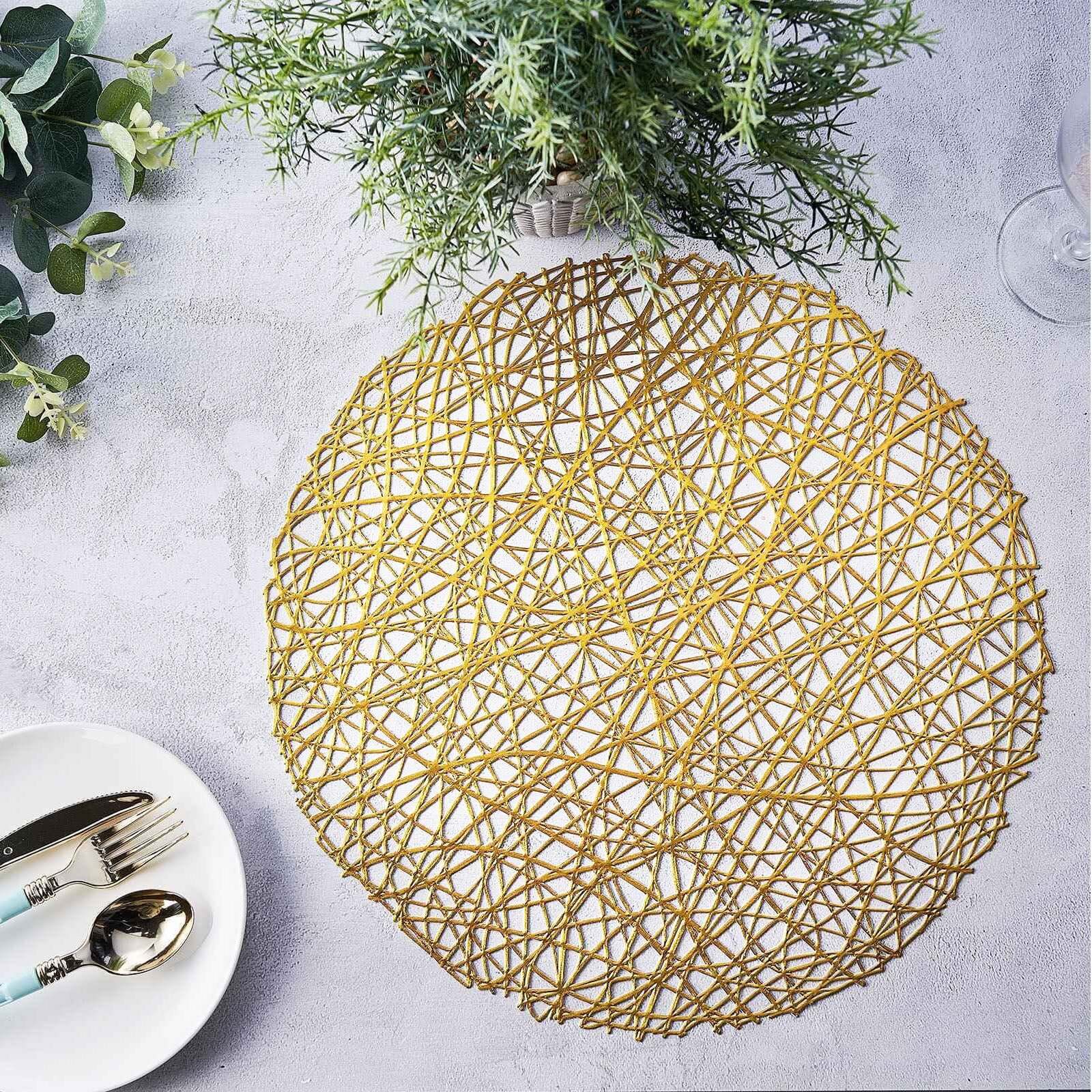 6-Pack Vinyl Placemats 15" Gold Metallic Woven Design - Decorative Non-Slip Round Table Mats