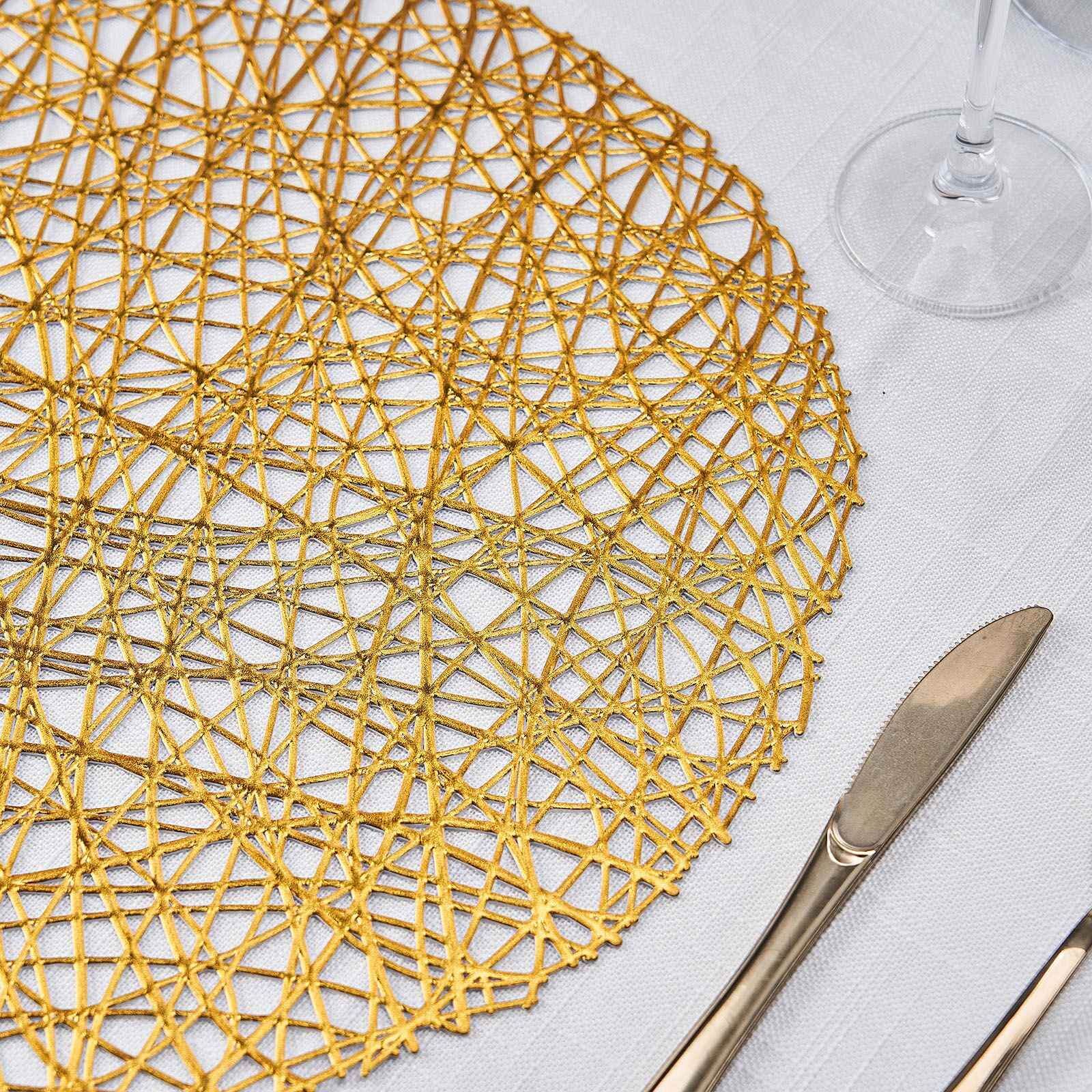 6-Pack Vinyl Placemats 15" Gold Metallic Woven Design - Decorative Non-Slip Round Table Mats - Image 2