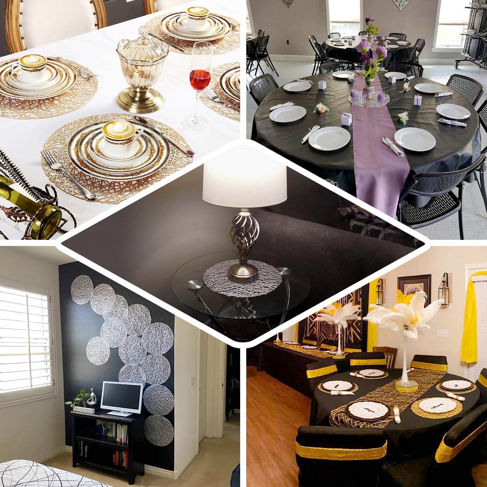 6-Pack Vinyl Placemats 15" Gold Metallic Woven Design - Decorative Non-Slip Round Table Mats - Image 5