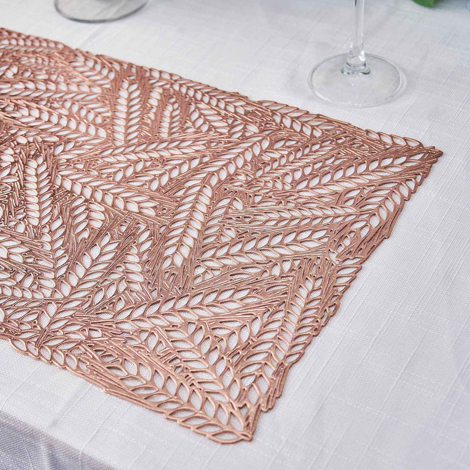 6-Pack Vinyl Rectangle Table Mats 12"x18" Wheat Design Rose Gold - Metallic Non-Slip Surface - Image 2