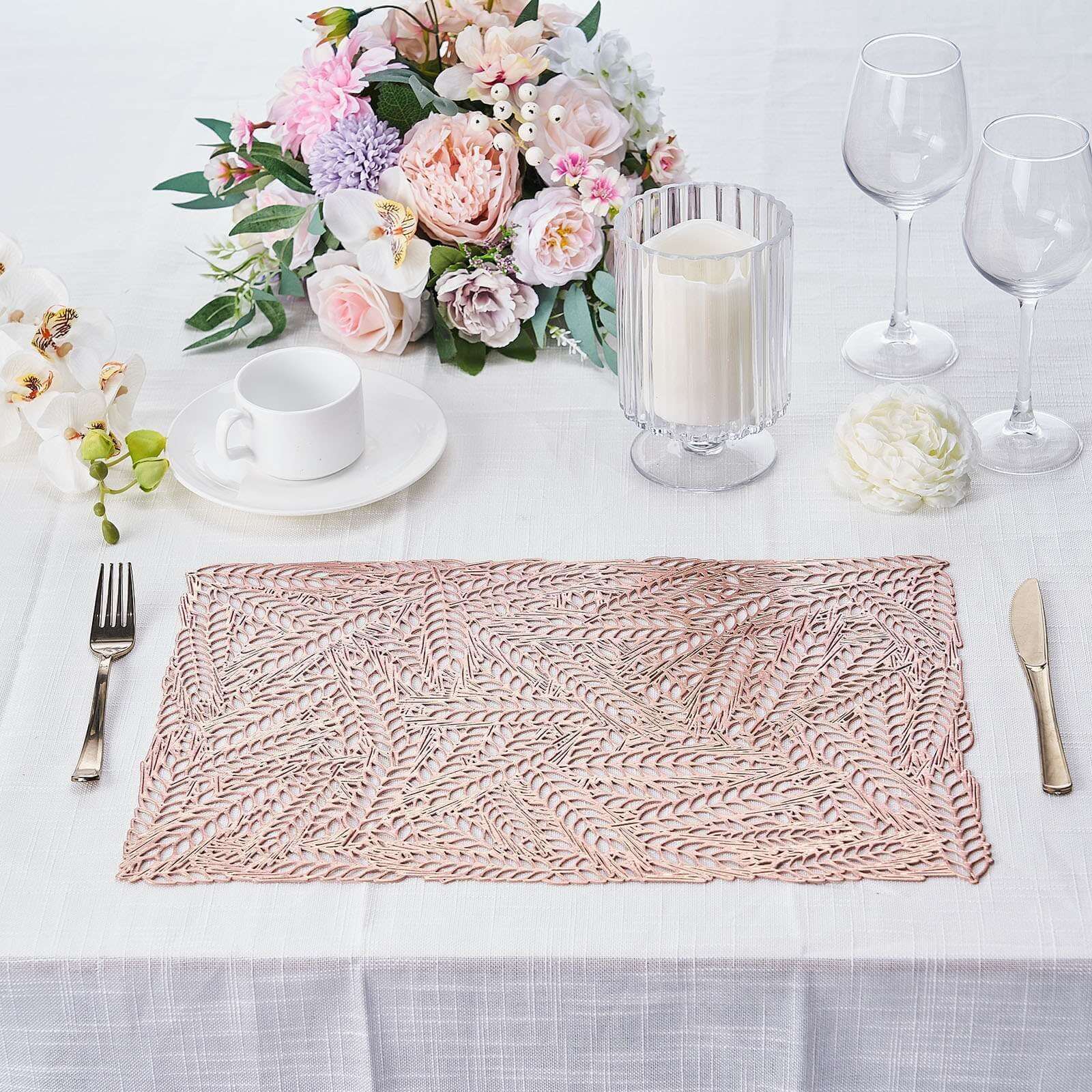 6-Pack Vinyl Rectangle Table Mats 12"x18" Wheat Design Rose Gold - Metallic Non-Slip Surface - Image 9