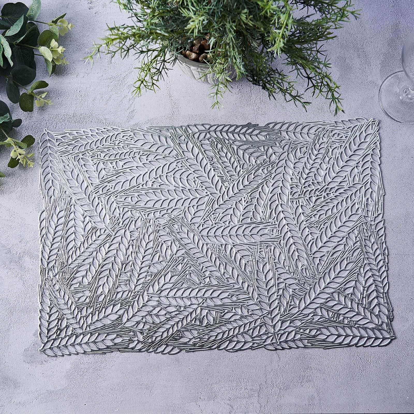 6-Pack Vinyl Rectangle Table Mats 12"x18" Wheat Design Silver - Metallic Non-Slip Surface