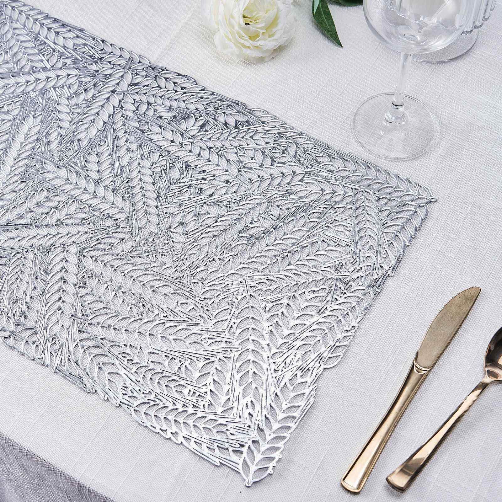 6-Pack Vinyl Rectangle Table Mats 12"x18" Wheat Design Silver - Metallic Non-Slip Surface - Image 2