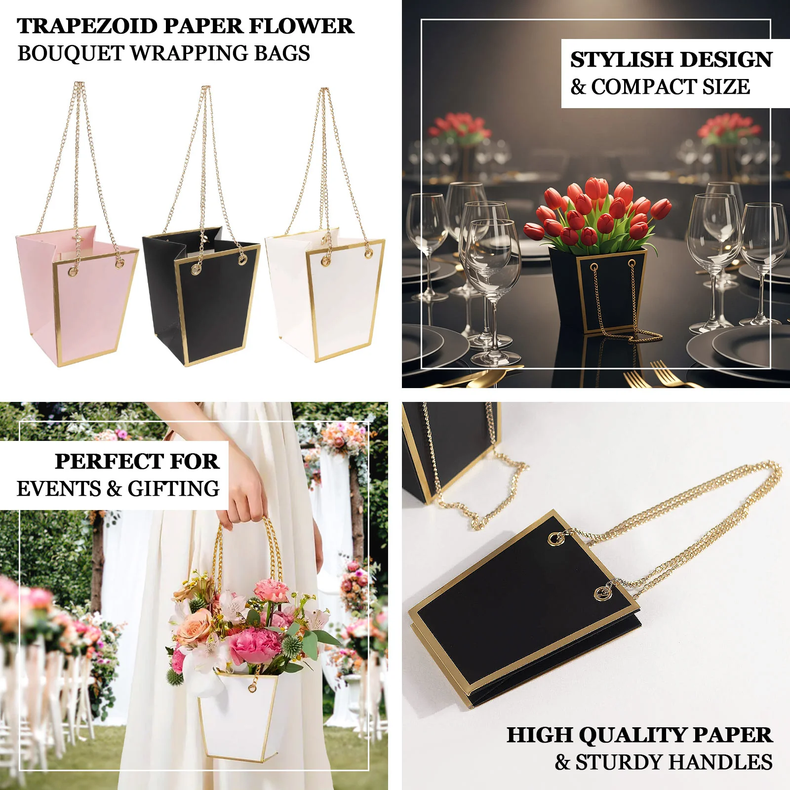 6 Pack White Gold Edge Paper Flower Gift Bags With Metal Chain Handles, Party Favor Tote Bags in Trapezoid Shape - 5"x6" - Image 4