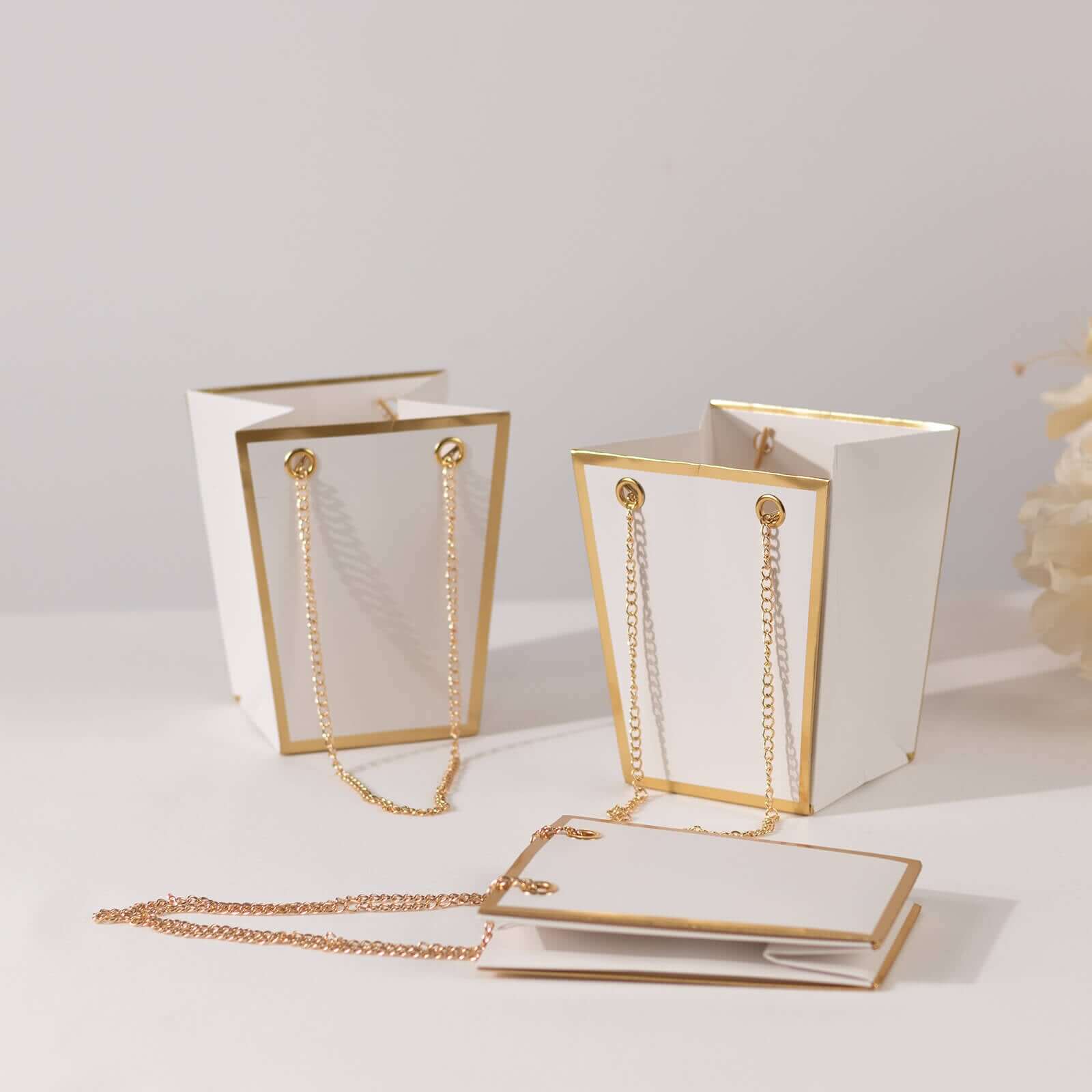6 Pack White Gold Edge Paper Flower Gift Bags With Metal Chain Handles, Party Favor Tote Bags in Trapezoid Shape - 5"x6" - Image 6