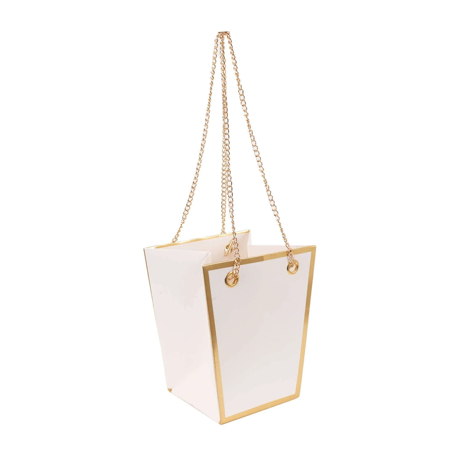 6 Pack White Gold Edge Paper Flower Gift Bags With Metal Chain Handles, Party Favor Tote Bags in Trapezoid Shape - 5"x6" - Image 7
