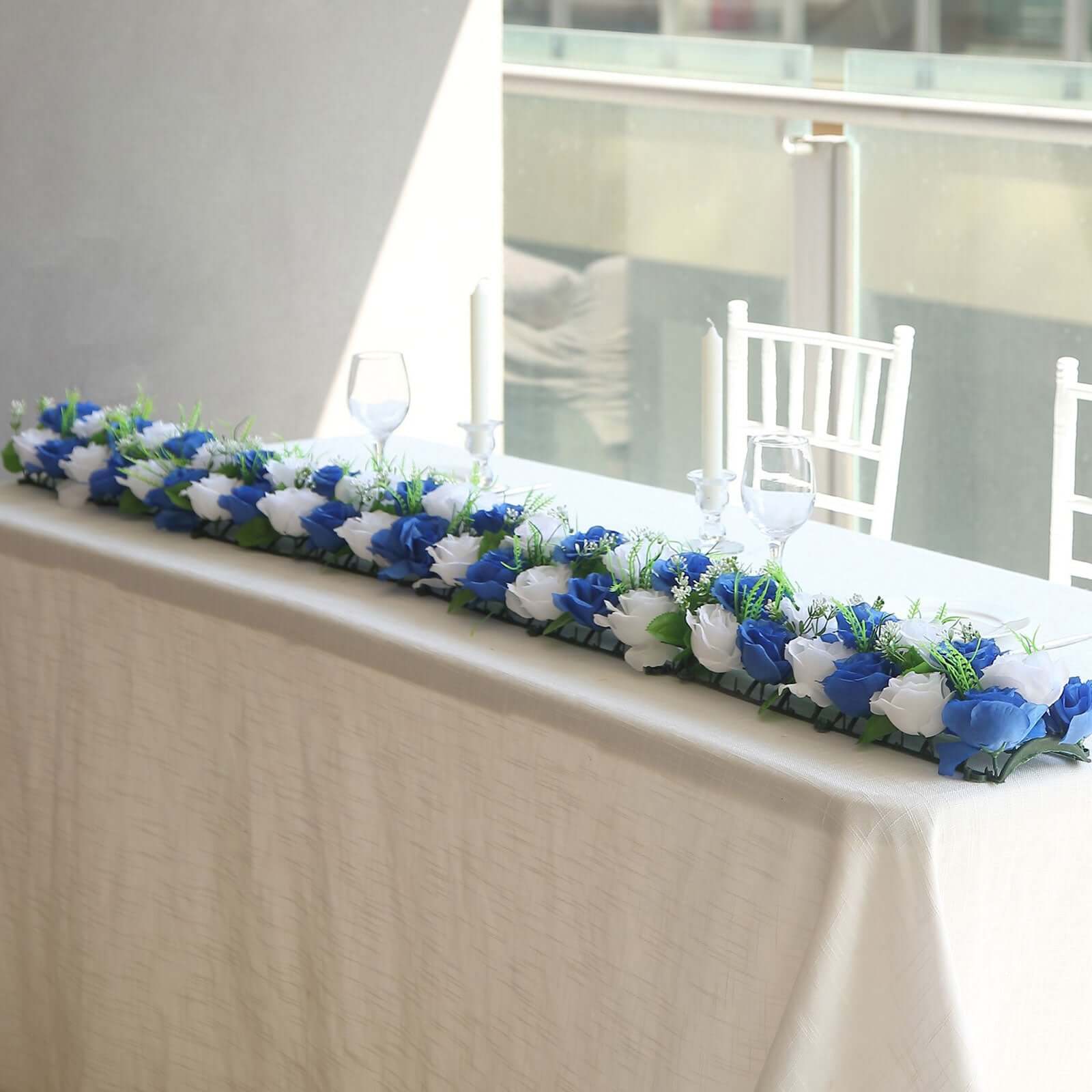 6 Pack White Royal Blue Silk Rose Flower Panel Table Runner, Artificial Floral Arrangements Dining Table Decor - 20"x8" - Image 2