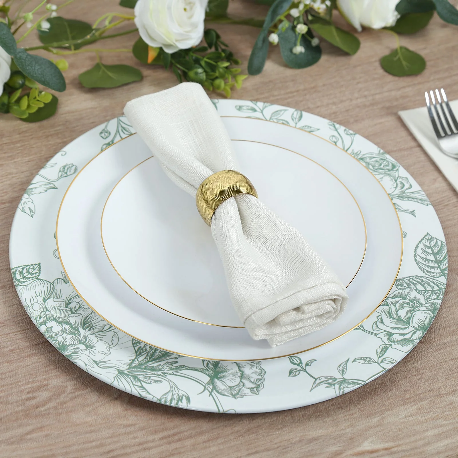 6 Pack Floral Acrylic Charger Plates in French Toile Pattern, White Sage Green Round Dinner Charger Event Tabletop Decor - 13" - Image 6