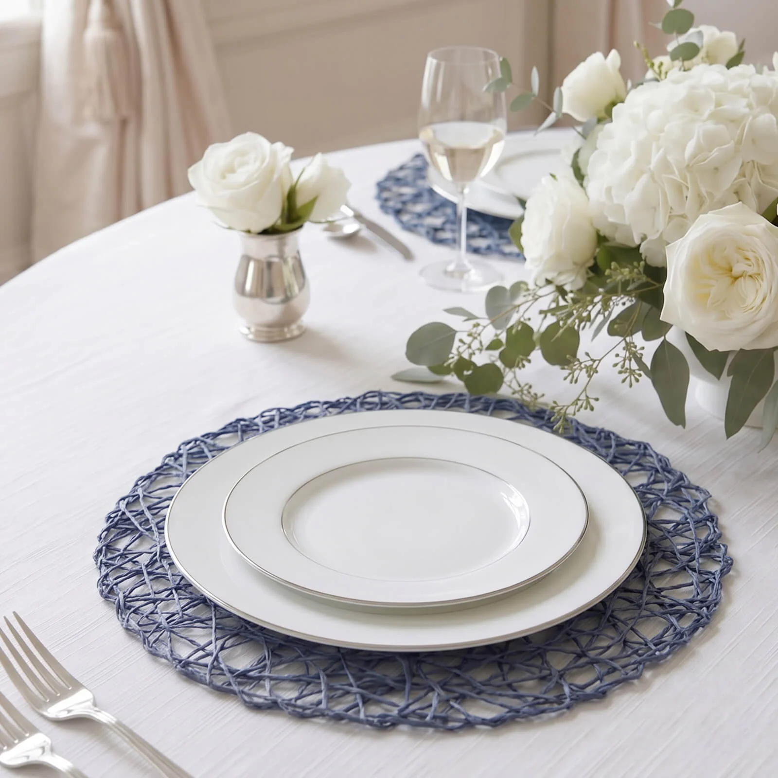 6-Pack Woven Fiber Table Placemats 15" Round Design Denim Blue - Disposable Dining Mats - Image 9