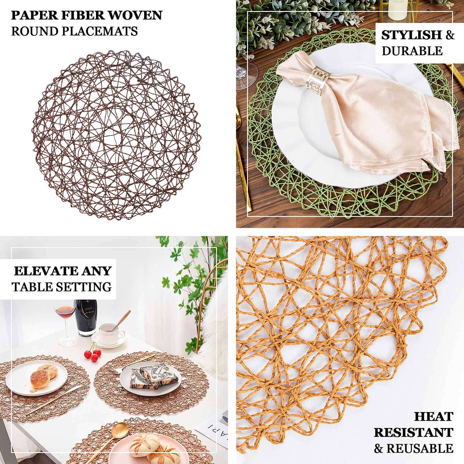 6-Pack Woven Fiber Table Placemats 15" Round Design Beige - Disposable Dining Mats - Image 4