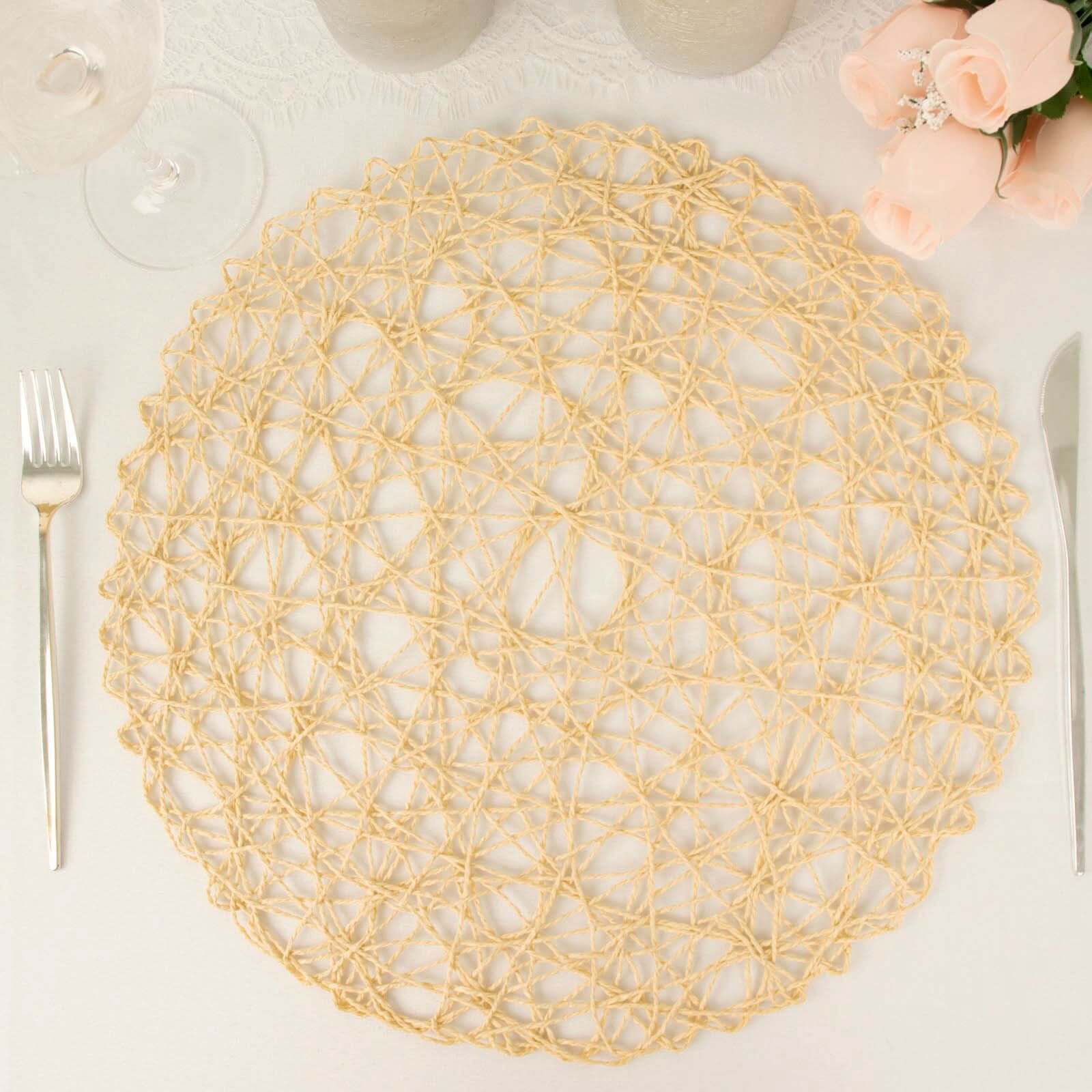 6-Pack Woven Fiber Table Placemats 15" Round Design Beige - Disposable Dining Mats - Image 5