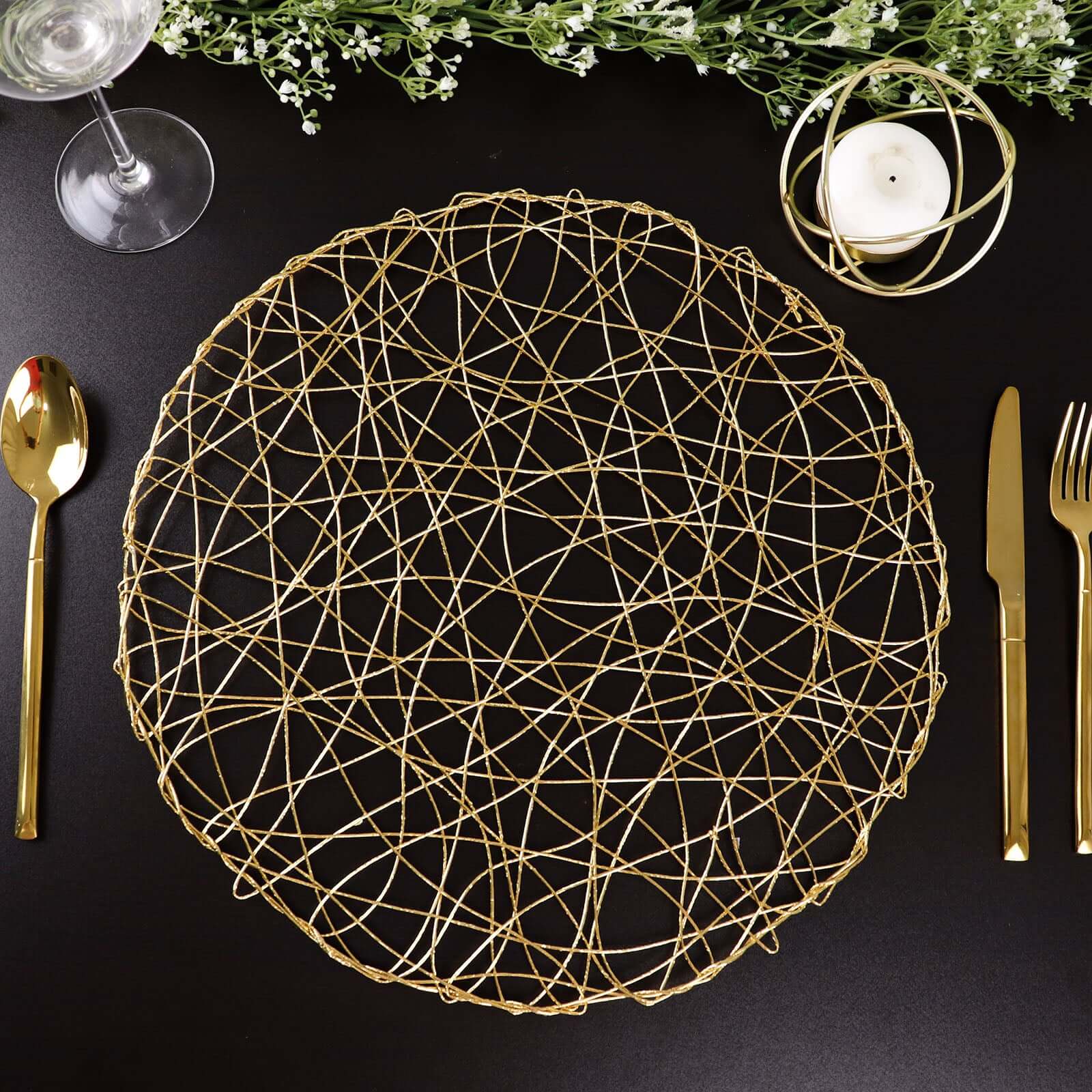 6-Pack Woven Fiber Table Placemats 15" Round Design Metallic Gold Metallic - Disposable Dining Mats - Image 6