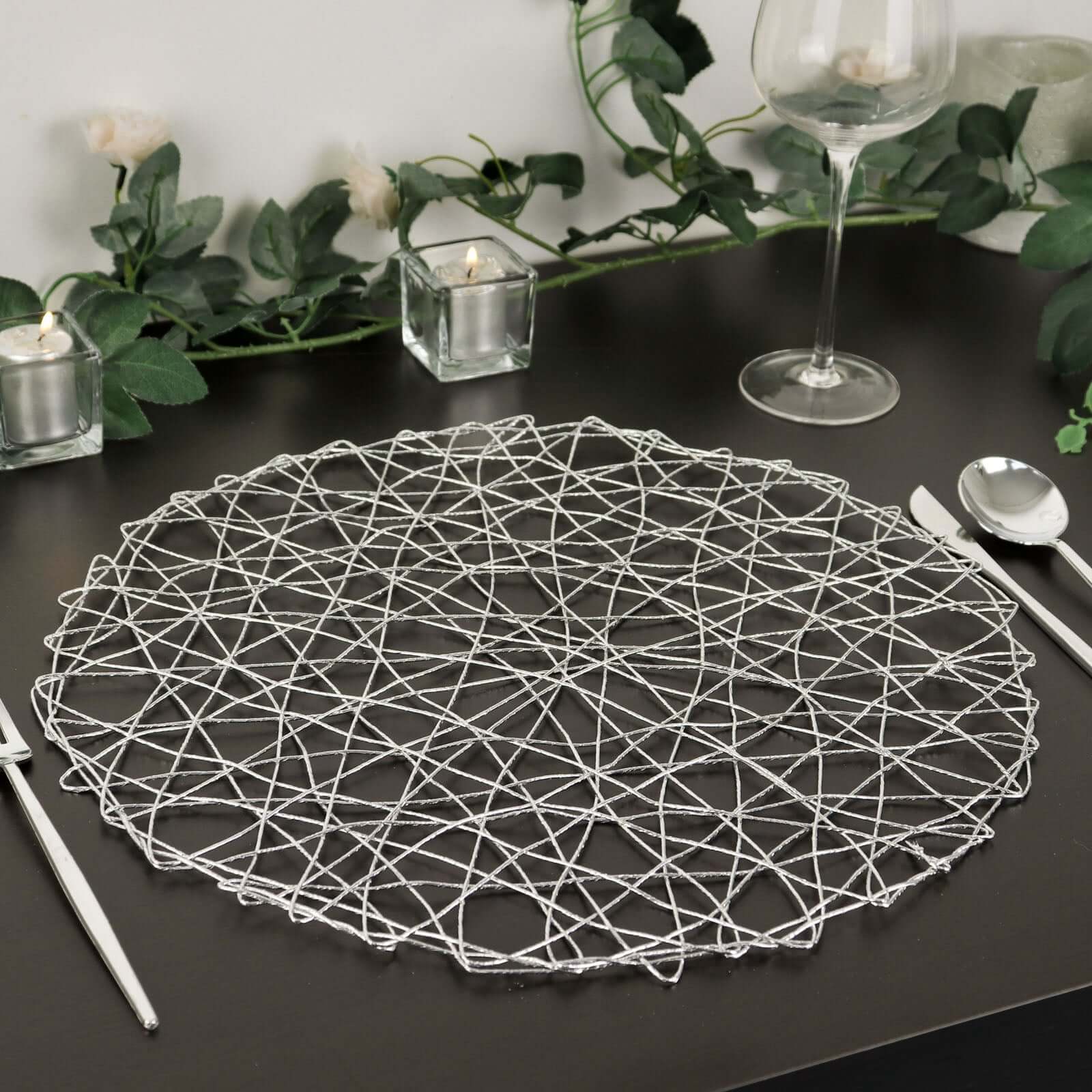 6-Pack Woven Fiber Table Placemats 15" Round Design Metallic Silver - Disposable Dining Mats - Image 8