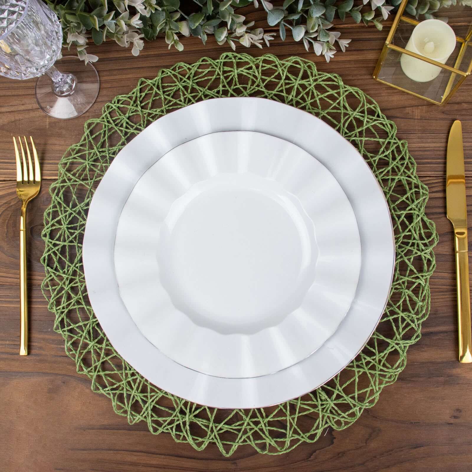 6-Pack Woven Fiber Table Placemats 15" Round Design Olive Green - Disposable Dining Mats - Image 2