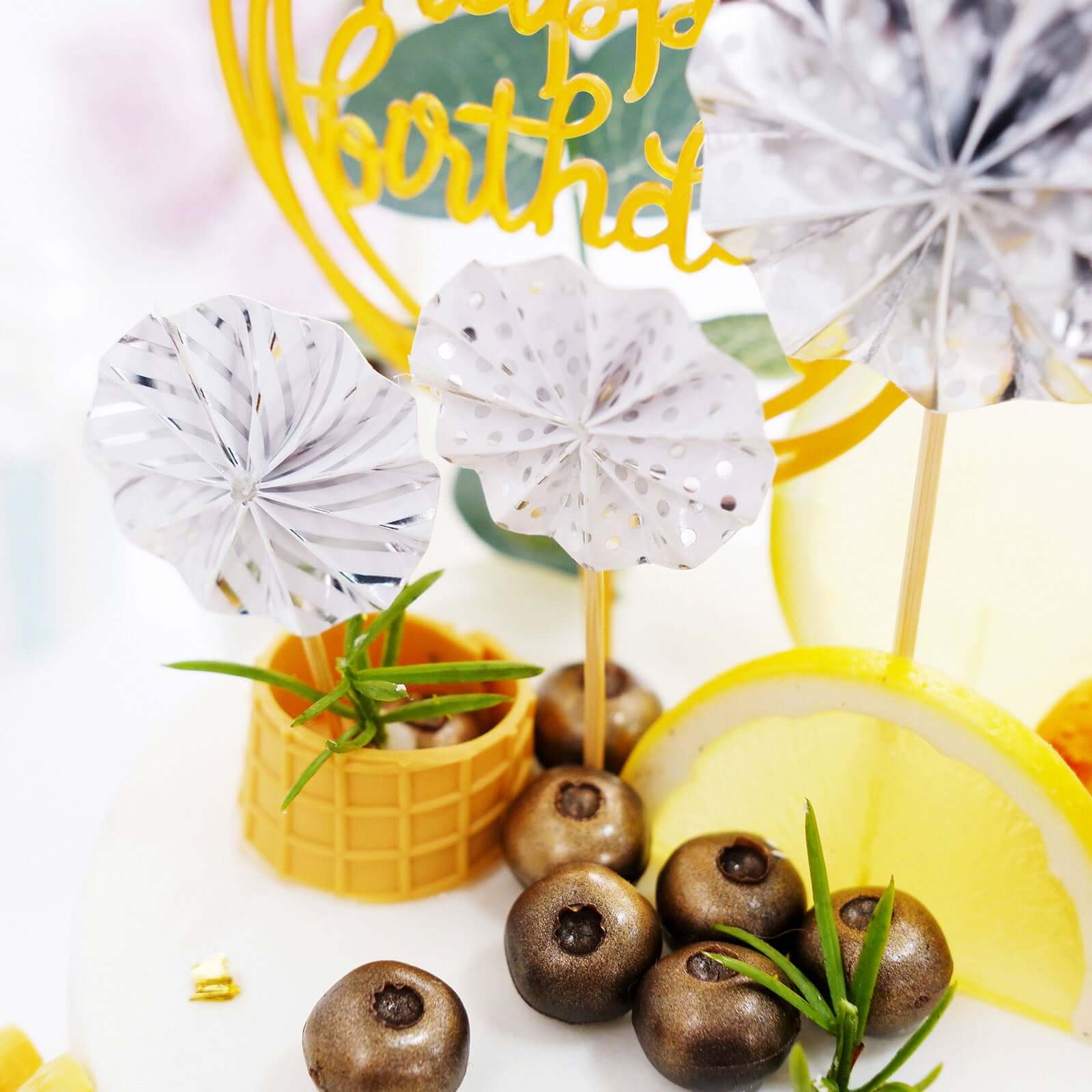 6 Pcs Happy Birthday Cake Topper Silver/Gold with 4 Mini Paper Fans & Confetti Balloon - Festive Cake Decor - Image 11