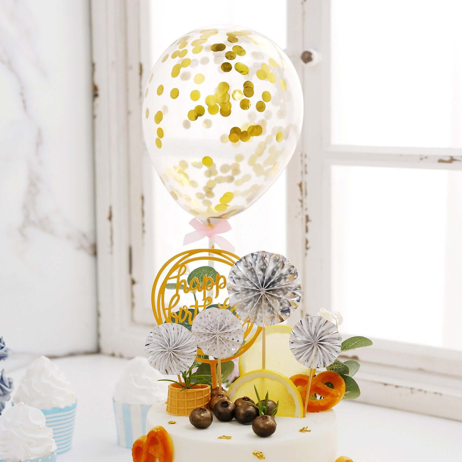 6 Pcs Happy Birthday Cake Topper Silver/Gold with 4 Mini Paper Fans & Confetti Balloon - Festive Cake Decor - Image 12