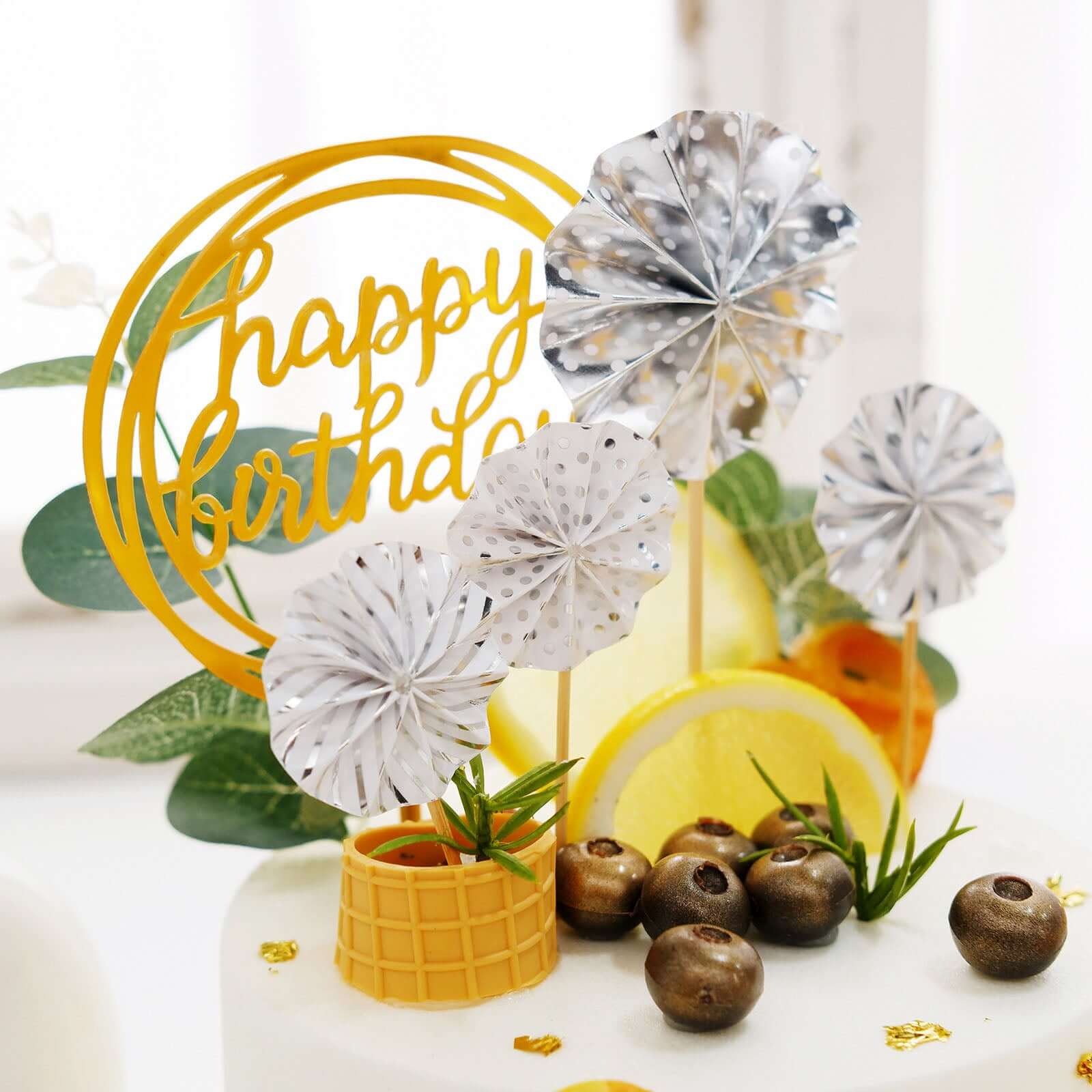 6 Pcs Happy Birthday Cake Topper Silver/Gold with 4 Mini Paper Fans & Confetti Balloon - Festive Cake Decor - Image 2