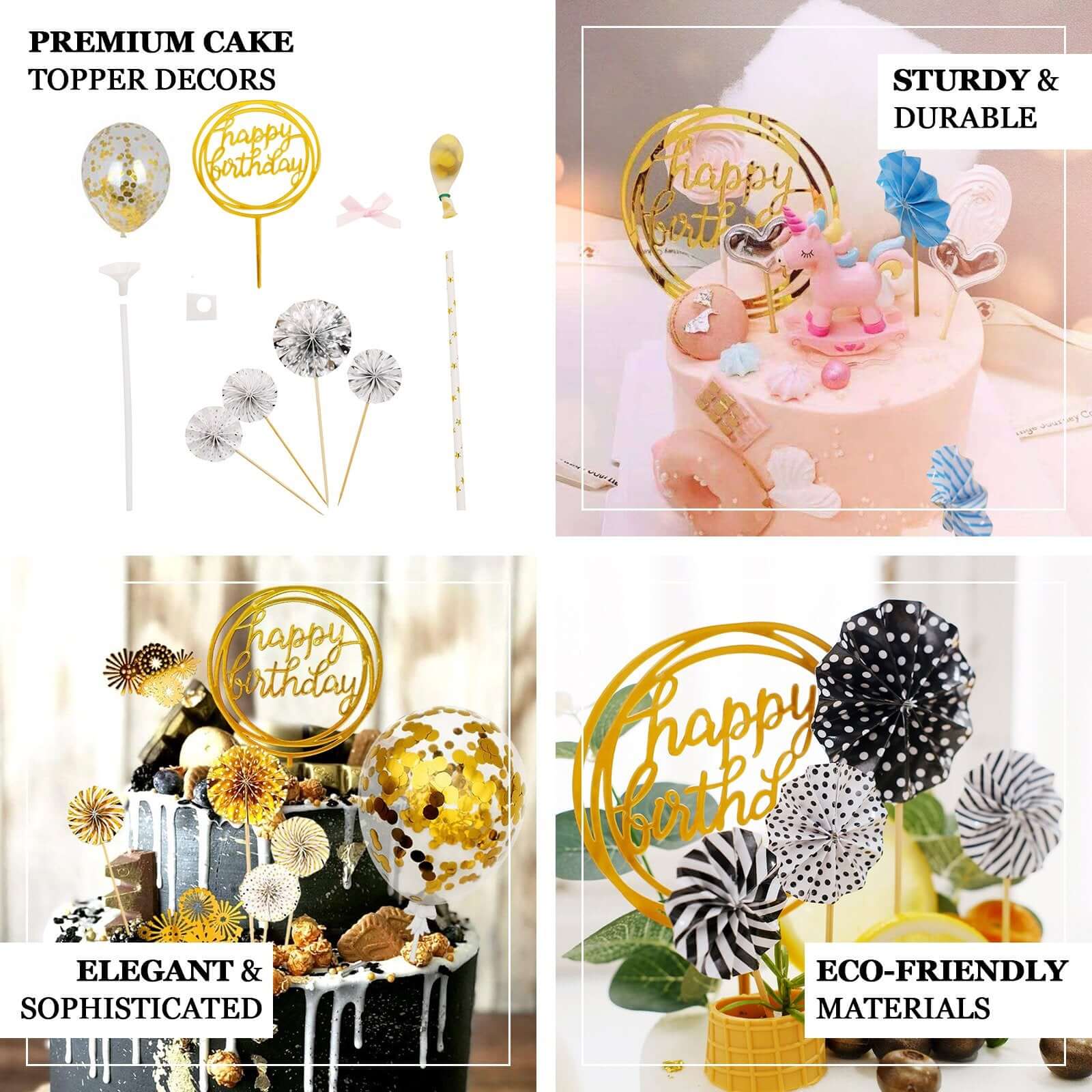 6 Pcs Happy Birthday Cake Topper Silver/Gold with 4 Mini Paper Fans & Confetti Balloon - Festive Cake Decor - Image 3
