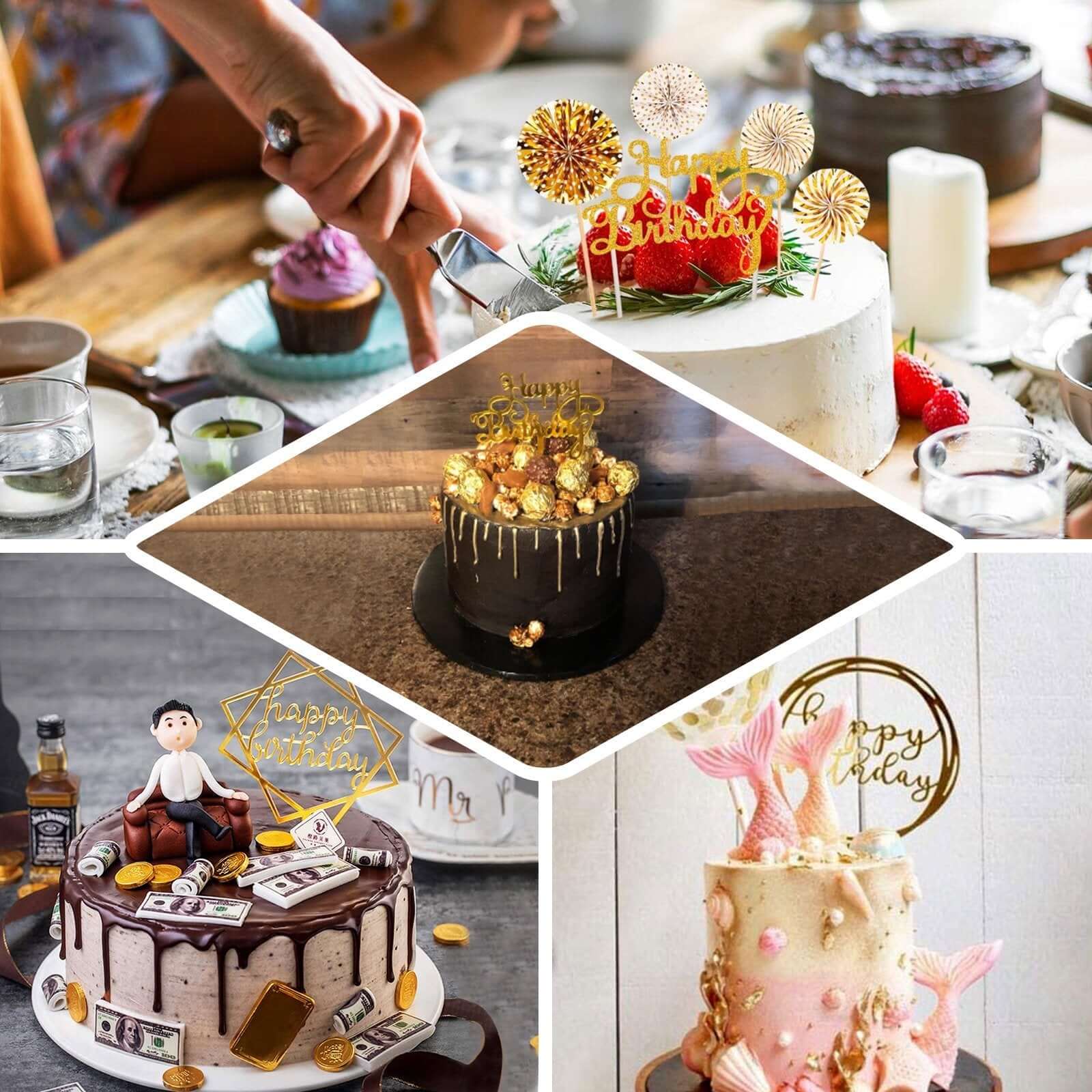 6 Pcs Happy Birthday Cake Topper Silver/Gold with 4 Mini Paper Fans & Confetti Balloon - Festive Cake Decor - Image 4