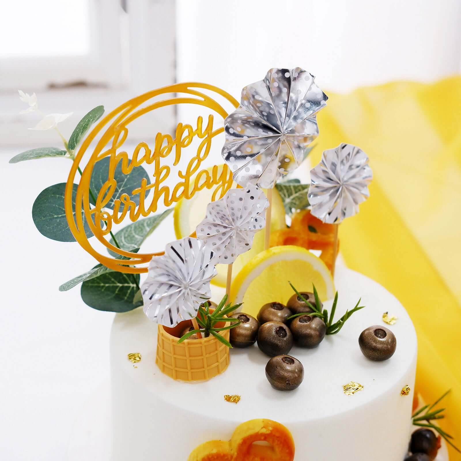 6 Pcs Happy Birthday Cake Topper Silver/Gold with 4 Mini Paper Fans & Confetti Balloon - Festive Cake Decor - Image 6