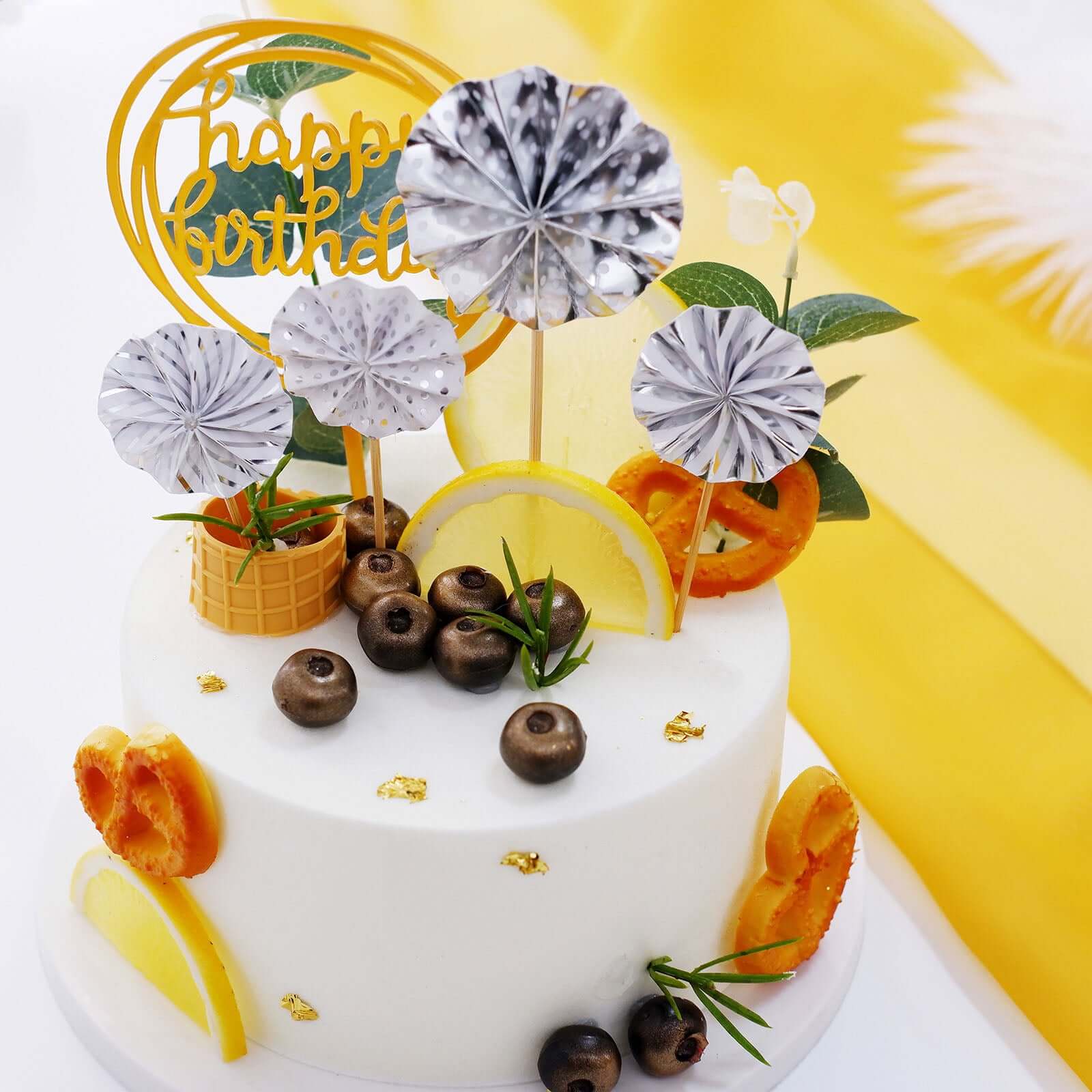 6 Pcs Happy Birthday Cake Topper Silver/Gold with 4 Mini Paper Fans & Confetti Balloon - Festive Cake Decor - Image 9