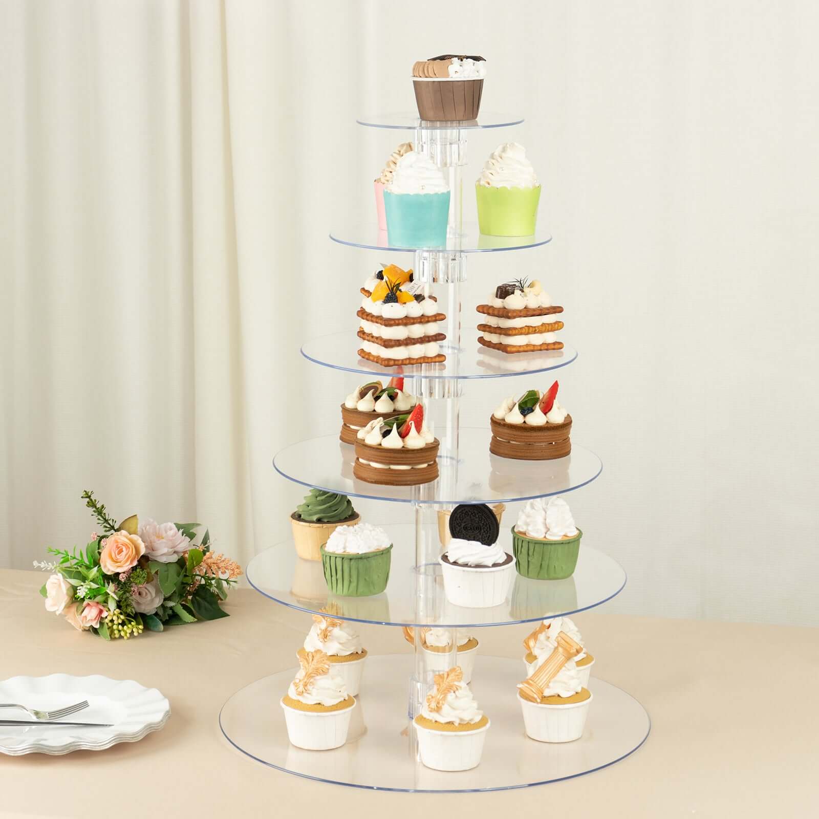 6-Tier Acrylic Round Cupcake Stand 22" Clear - Heavy Duty Easy To Assemble Dessert Tower Holder Pastry Display with Film Sheets for Weddings & Parties - Image 7