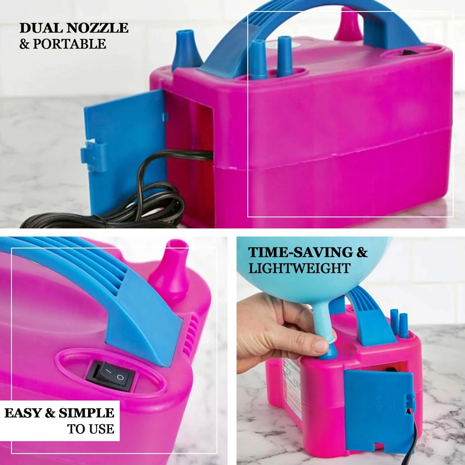 600W Hot Pink Dual Nozzle Electric Balloon Pump, Balloon Inflator, Blow Up Machine - Image 4