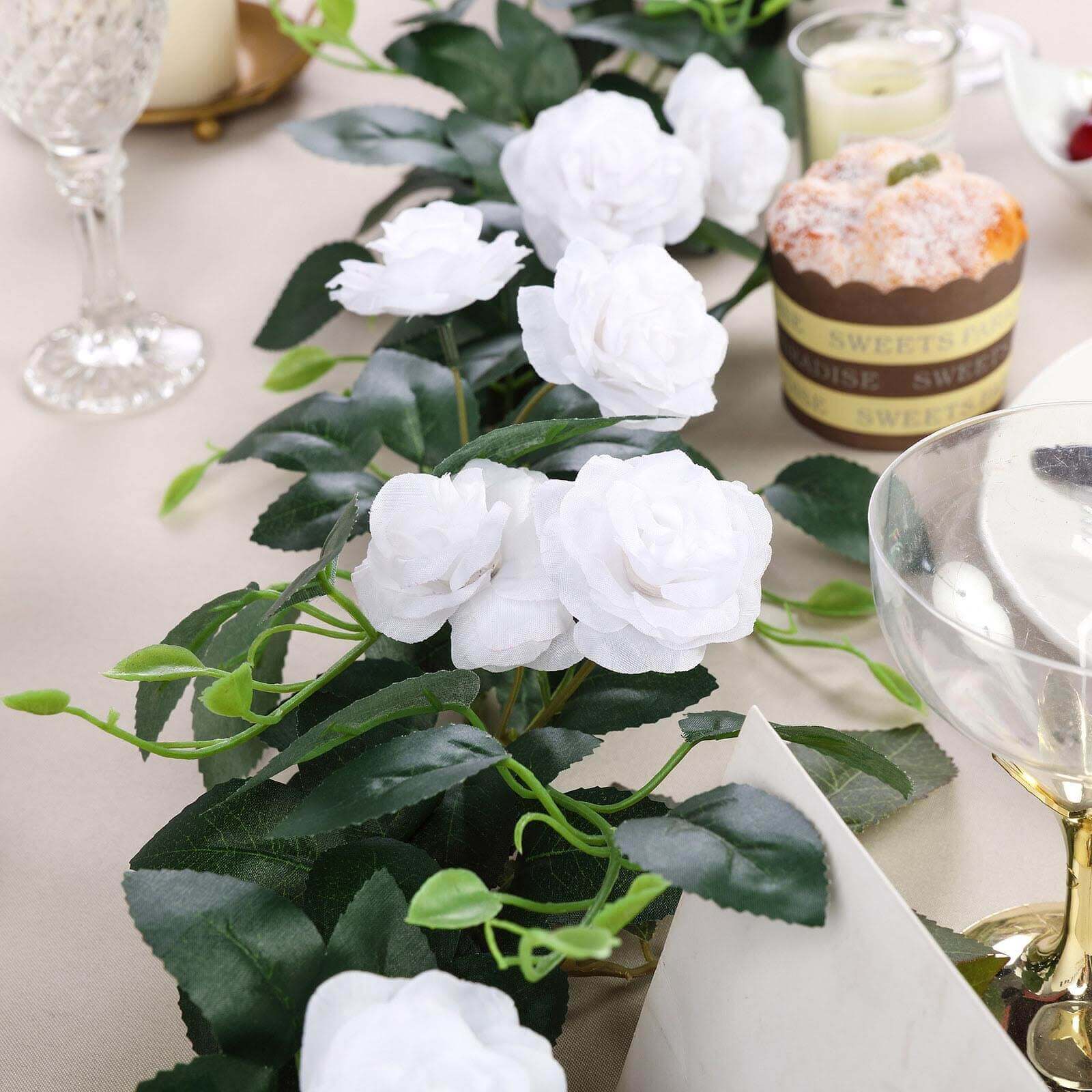 20 White Artificial Silk Roses Flower Garland, Hanging Vine 6ft - Image 6