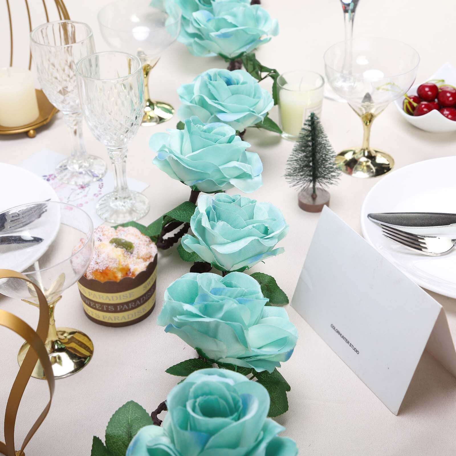 Aqua/Turquoise Artificial Silk Rose Hanging Flower Garland Vine 6ft - Image 16