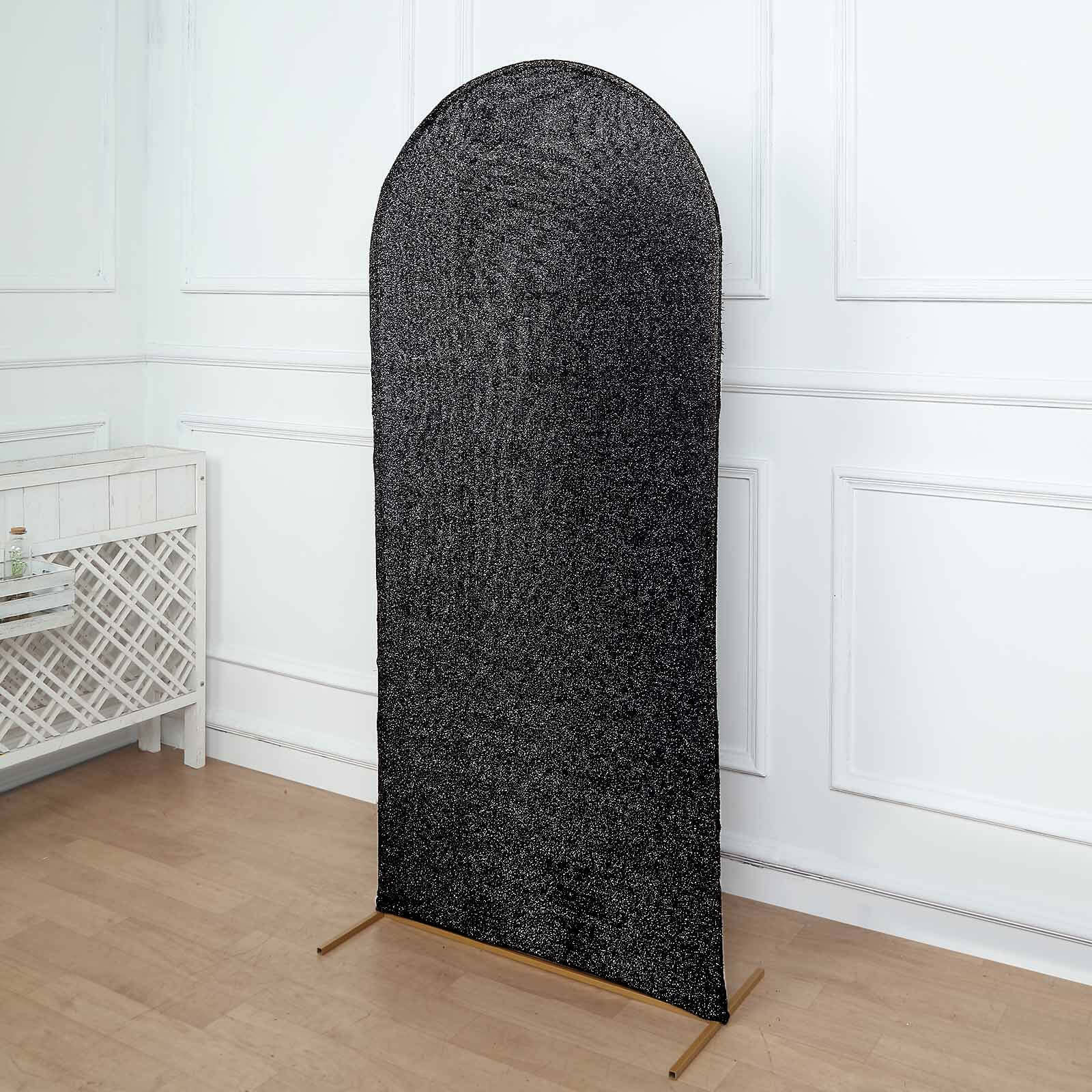 Black Shimmer Tinsel Spandex Wedding Arch Cover For Fitted Round Top Chiara Backdrop Stand 6ft - Image 8