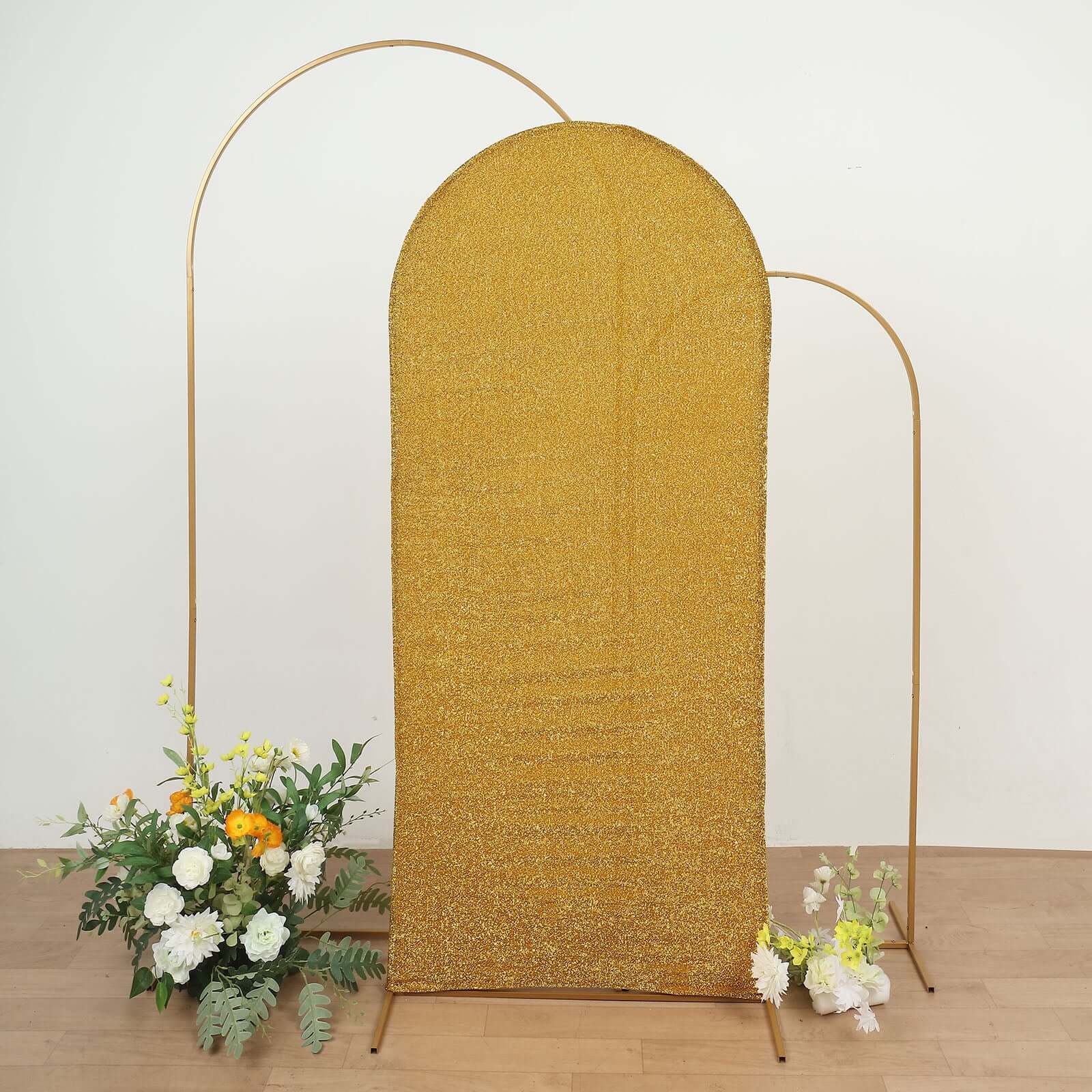 Gold Shimmer Tinsel Spandex Wedding Arch Cover For Fitted Round Top Chiara Backdrop Stand 6ft