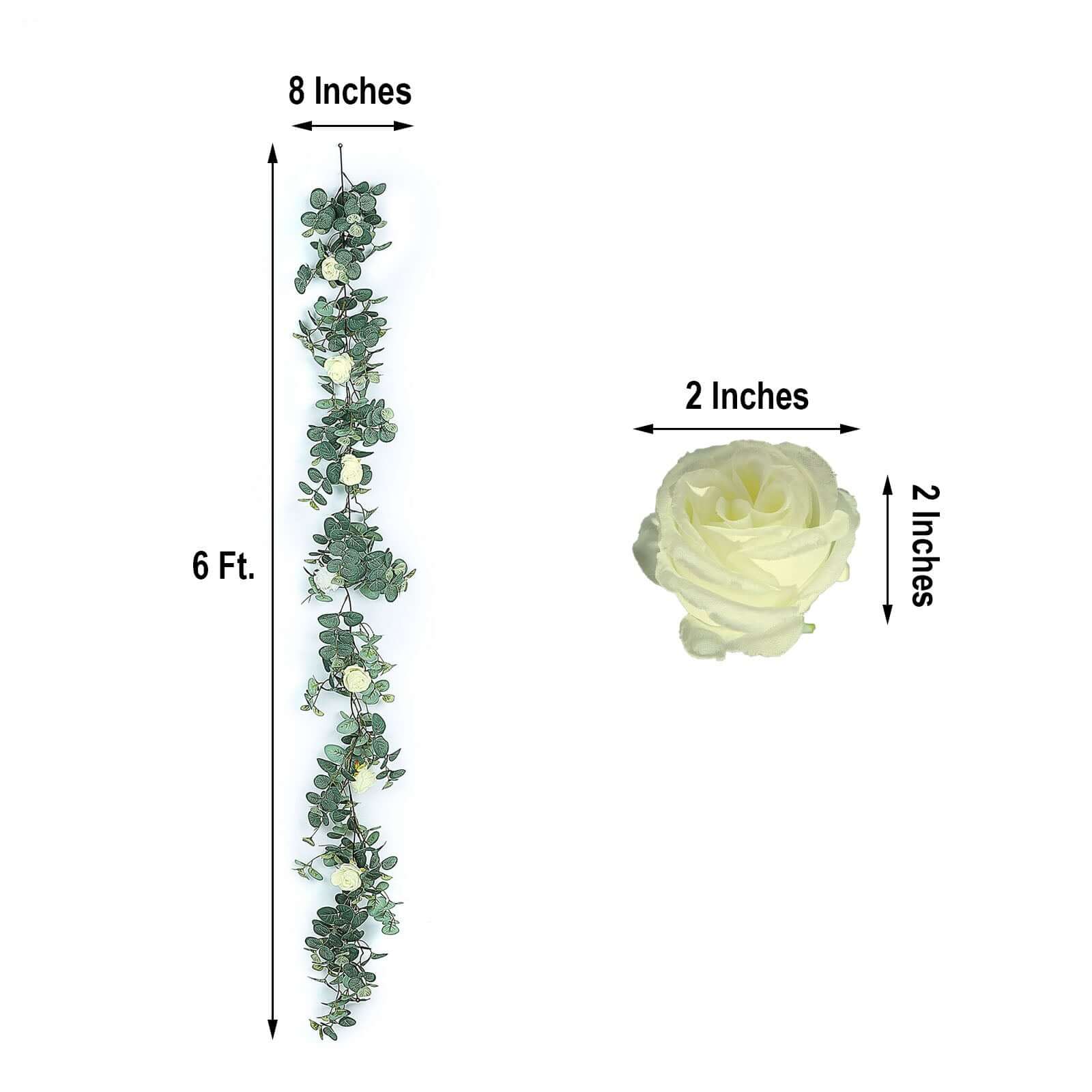 Green/Ivory Artificial Eucalyptus Leaf, Rose Flower Garland Vine 6ft - Image 3
