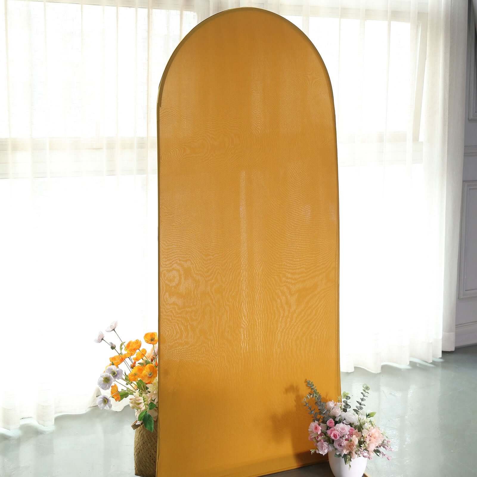 Matte Gold Spandex Fitted Wedding Arch Cover For Round Top Chiara Backdrop Stand 6ft - Image 8