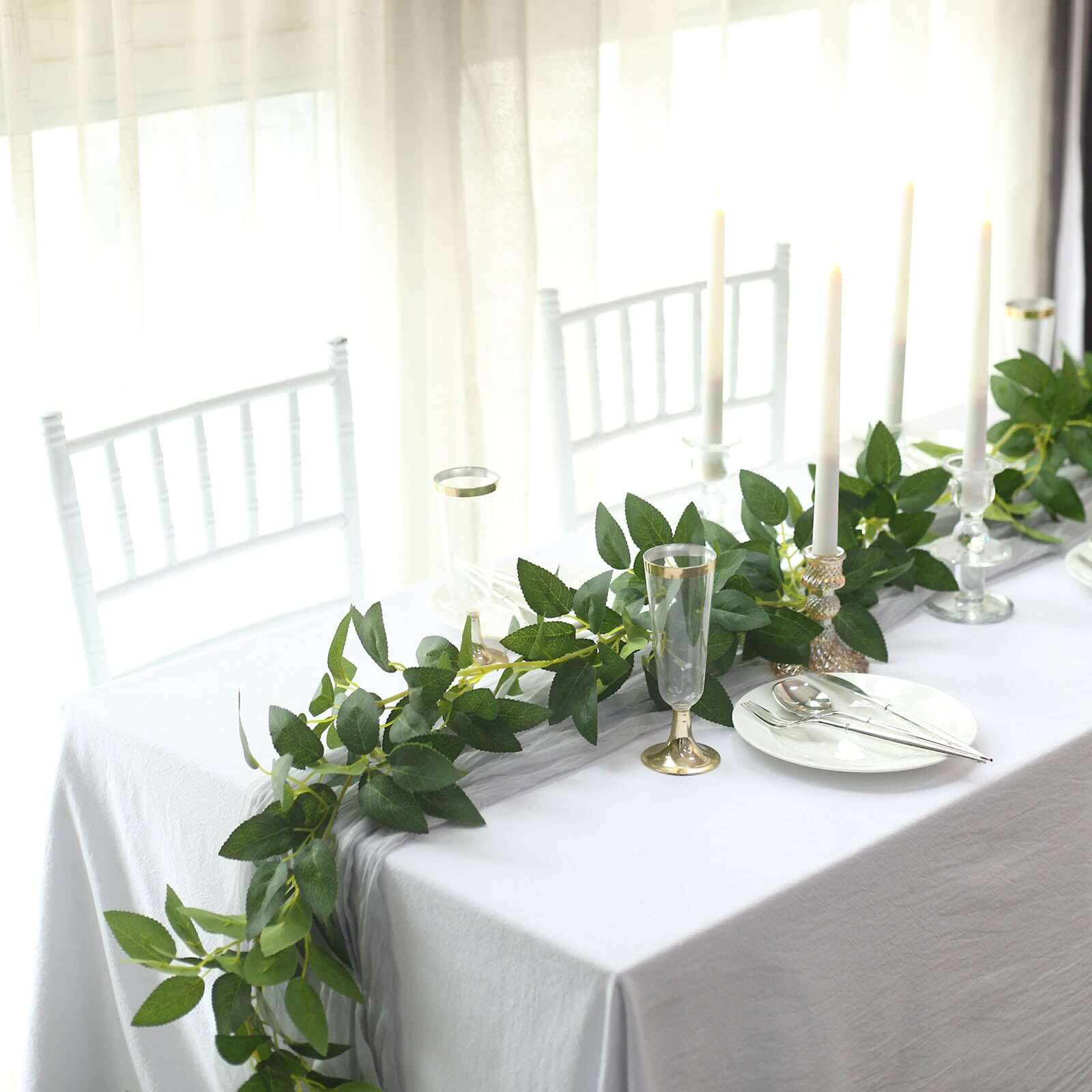 Real Touch Green Artificial Silk Rose Leaf Table Garland, Flexible Hanging Greenery Vine 6ft - Image 2