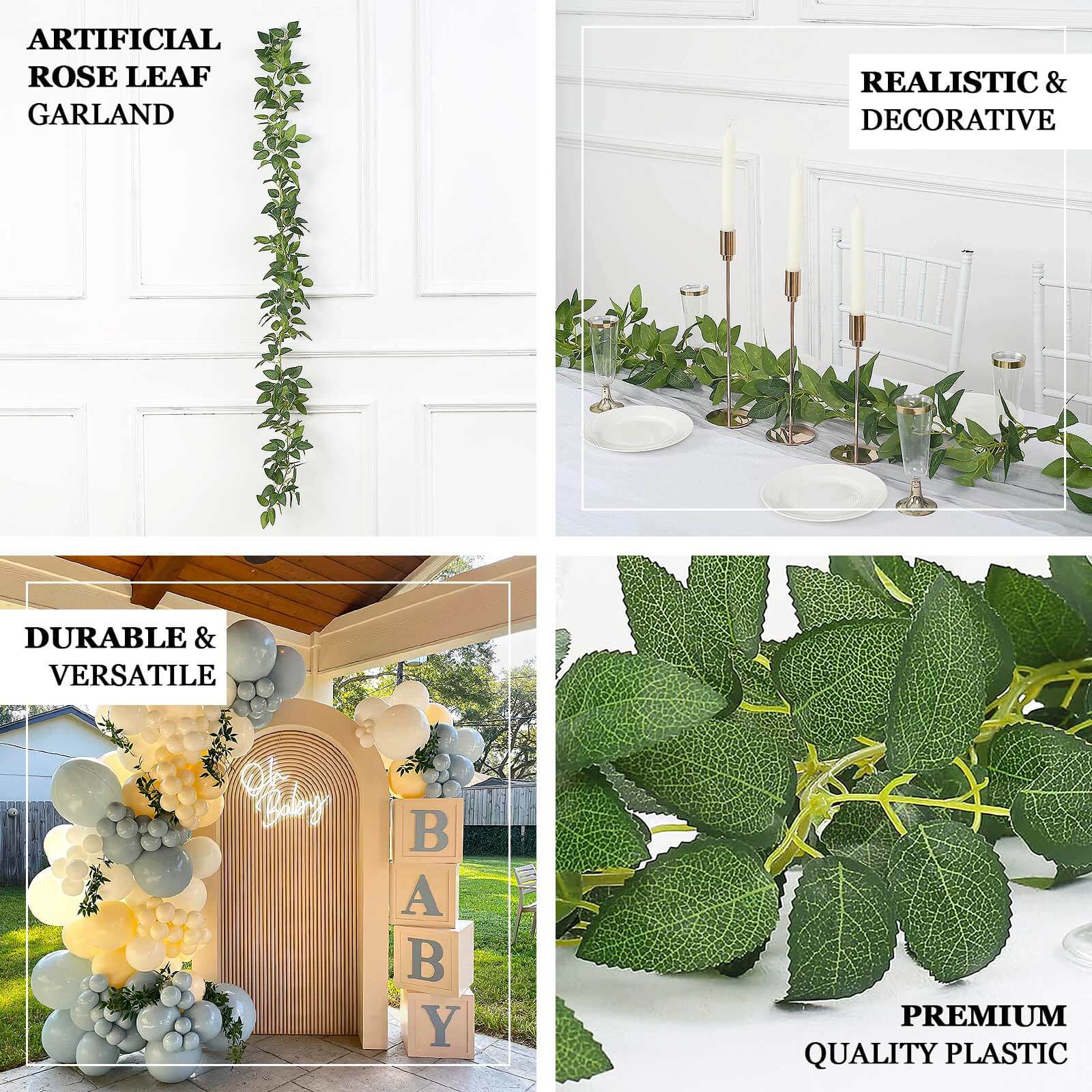 Real Touch Green Artificial Silk Rose Leaf Table Garland, Flexible Hanging Greenery Vine 6ft - Image 4