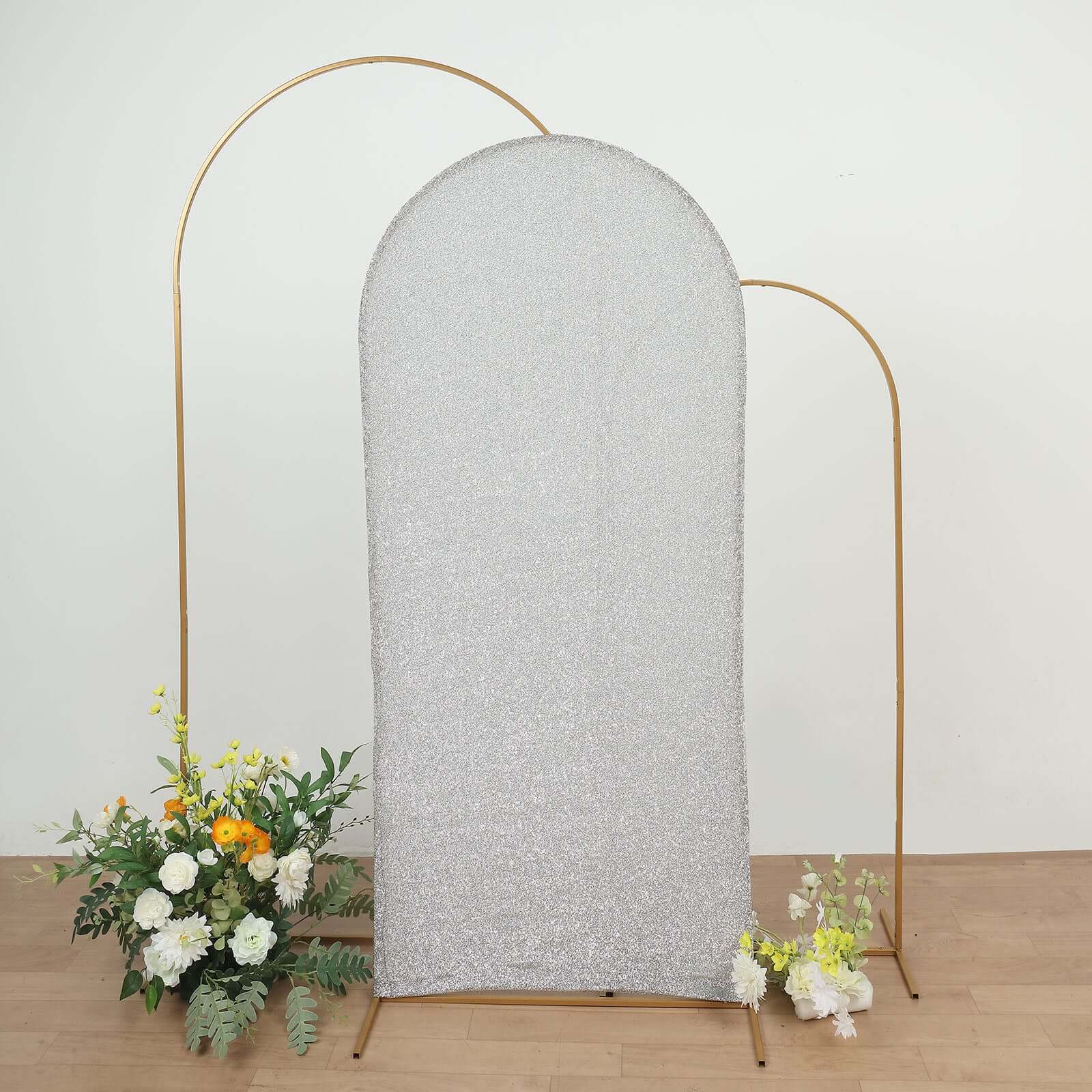 Silver Shimmer Tinsel Spandex Wedding Arch Cover For Fitted Round Top Chiara Backdrop Stand 6ft