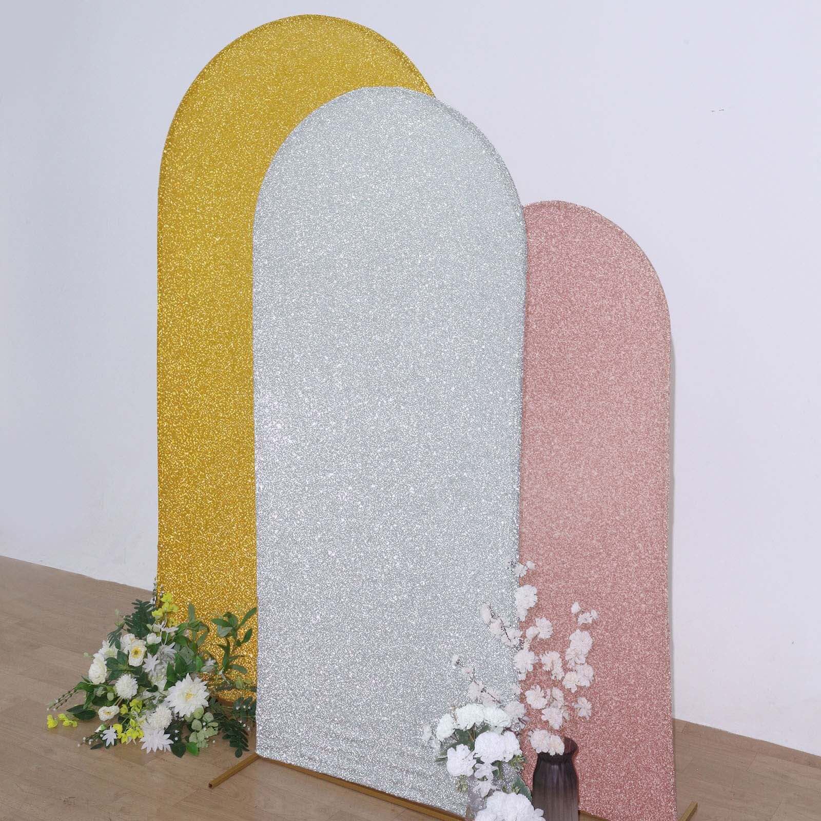 Silver Shimmer Tinsel Spandex Wedding Arch Cover For Fitted Round Top Chiara Backdrop Stand 6ft - Image 2